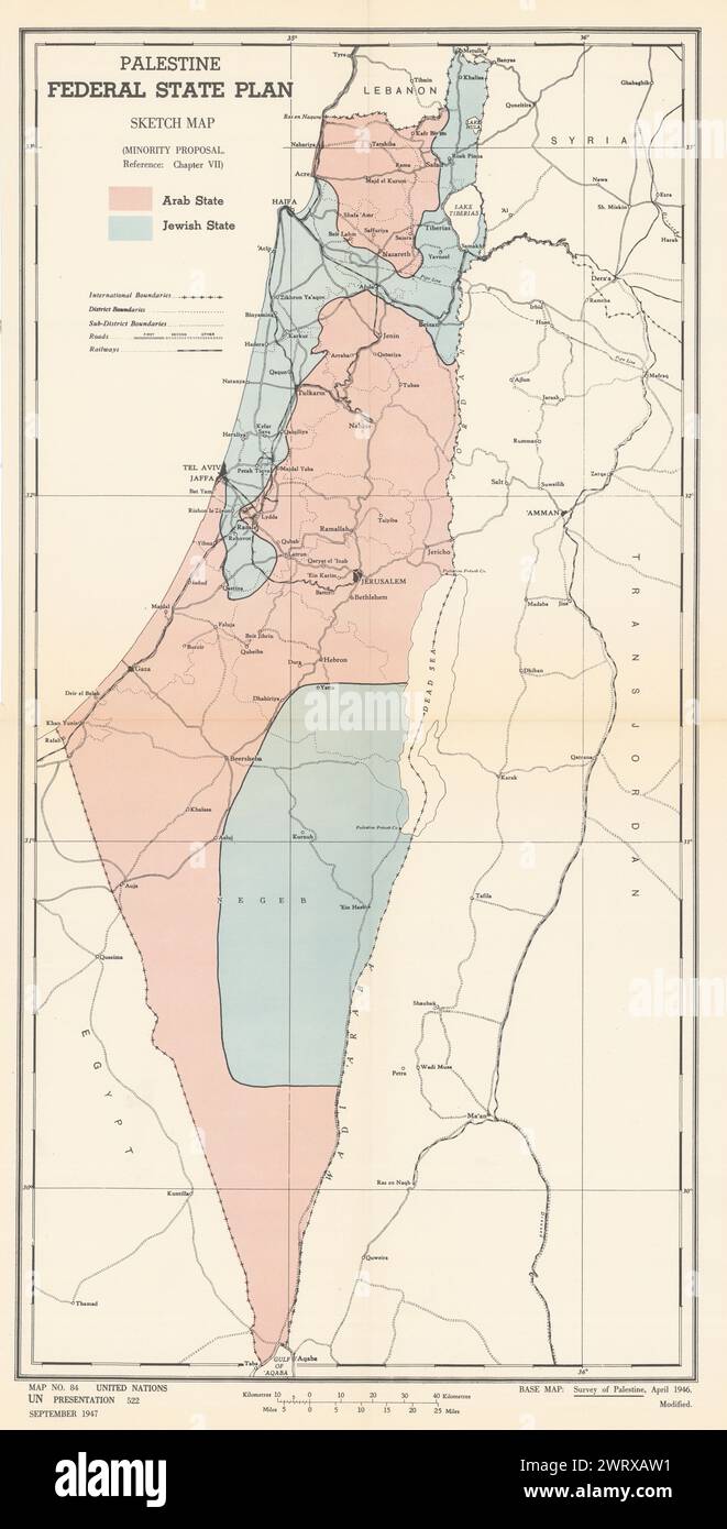 Palästinensischer Bundesstaatsplan - Minderheitenvorschlag. UNSCOP 1947-Karte der Vereinten Nationen Stockfoto