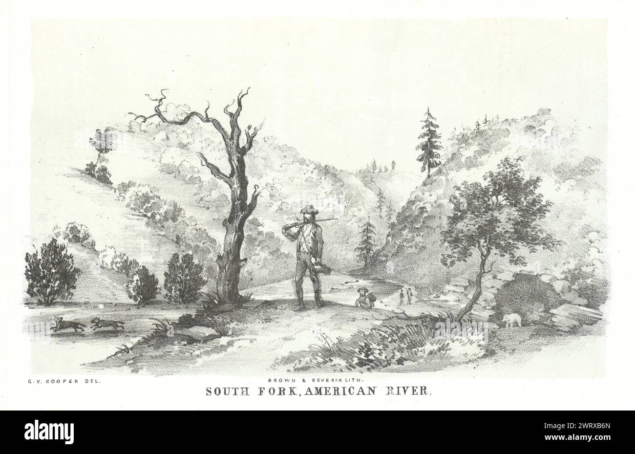 „South Fork, American River“, kalifornischer Goldrausch. George Cooper Litho 1853 Stockfoto