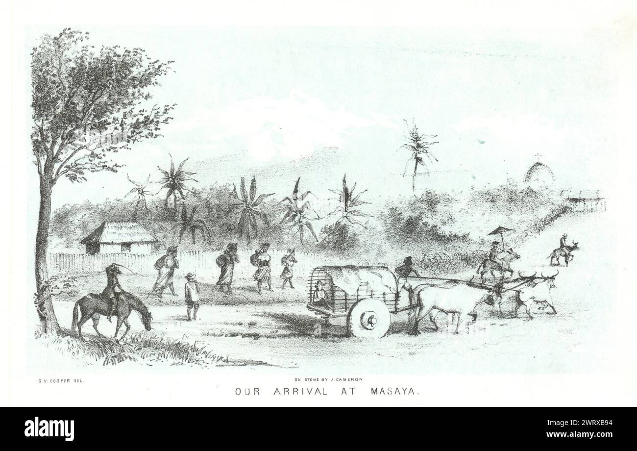 "Unsere Ankunft in Masaya", Nicaragua, Lithografie von George Cooper. Chinandega 1853 Stockfoto