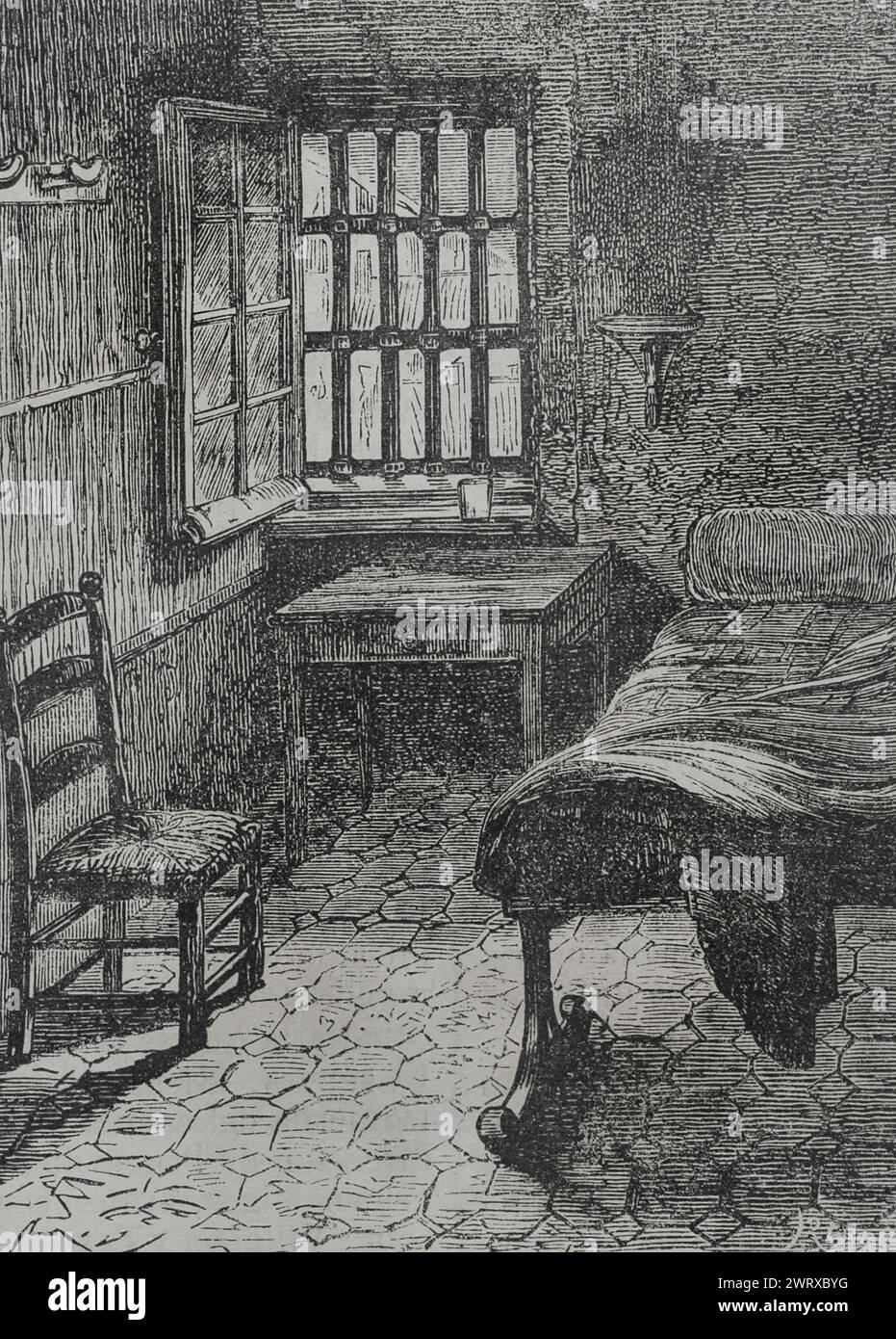 Georges Darboy (1813-1871). Katholischer Priester, Bischof von Nancy, Erzbischof von Paris und kirchlicher Schriftsteller. Während der Pariser Kommune wurde sie am 4. April 1871 verhaftet, im Gefängnis Mazas gefangen gehalten und am 24. Mai von den Revolutionären hingerichtet. Das Verlies des Erzbischofs von Paris. Hochformat. Gravur von Ribas. Historia de la Guerra de Francia y Prusia (Geschichte des Krieges zwischen Frankreich und Preußen). Band II Veröffentlicht in Barcelona, 1871. Stockfoto