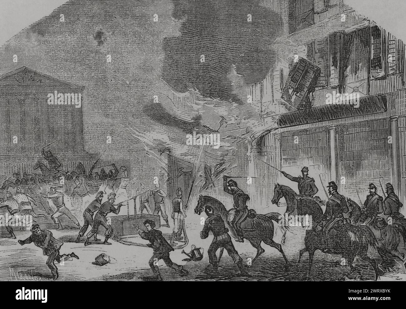 Frankreich. Kommune Paris. Revolutionäre Volksbewegung, die vom 18. März bis 28. Mai 1871 in Paris die Macht übernahm, während des Deutsch-Französischen Krieges. Brandstifter, überrascht von Versailles Truppen. Zeichnung von Miranda. Gravur von Capuz. Historia de la Guerra de Francia y Prusia (Geschichte des Krieges zwischen Frankreich und Preußen). Band II Veröffentlicht in Barcelona, 1871. Stockfoto