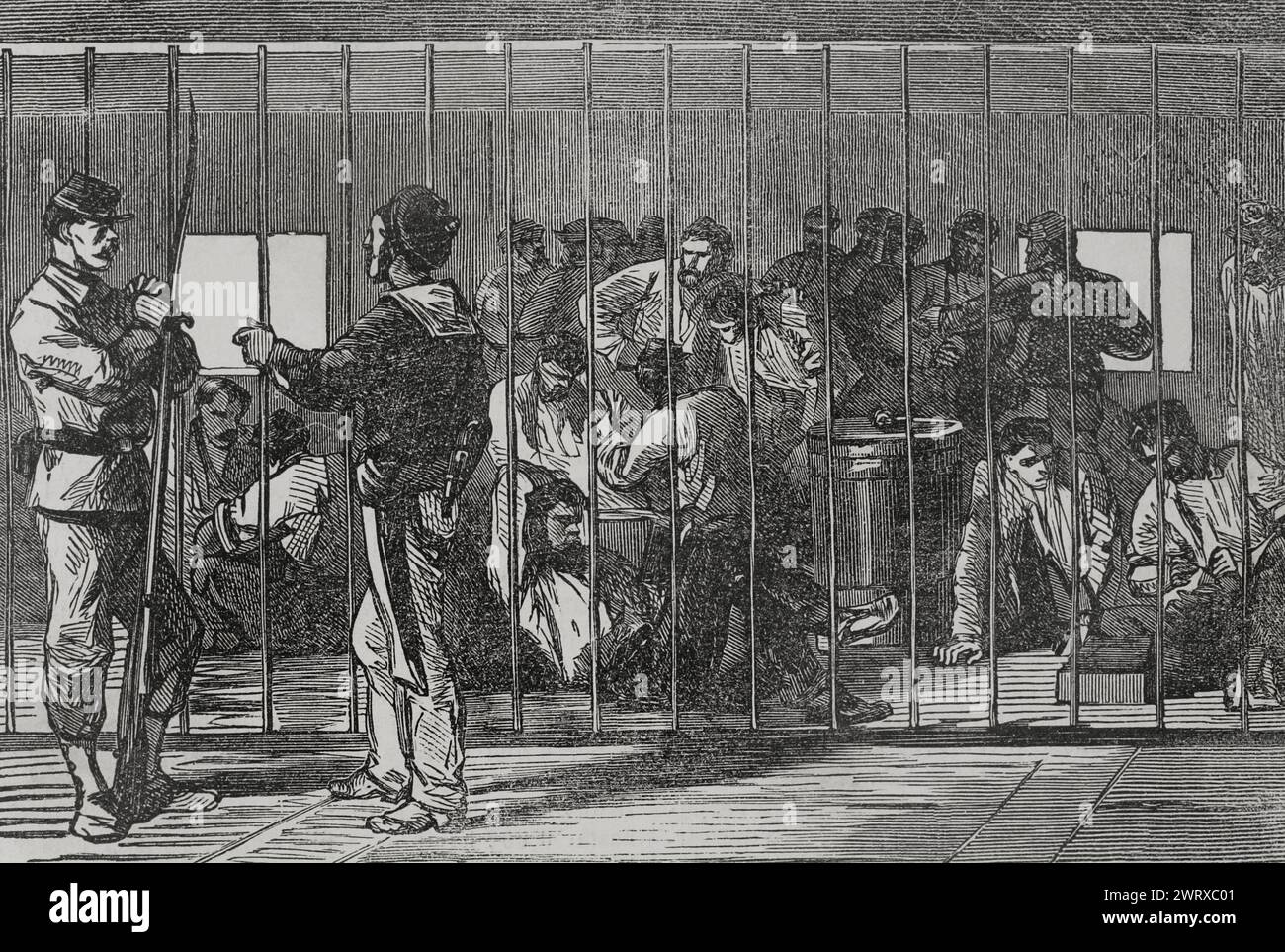 Frankreich. Kommune Paris. Revolutionäre Volksbewegung, die vom 18. März bis 28. Mai 1871 in Paris die Macht übernahm, als Folge des Deutsch-Französischen Krieges. Repression nach dem Fall der Pariser Kommune. Die Kommunarden wurden auf Pontons gefangen gehalten, in Eisenkäfigen, die zu diesem Zweck auf stillgelegten oder außer Dienst stehenden Kriegsschiffen gebaut wurden. Gravur. Historia de la Guerra de Francia y Prusia (Geschichte des Krieges zwischen Frankreich und Preußen). Band II Veröffentlicht in Barcelona, 1871. Stockfoto