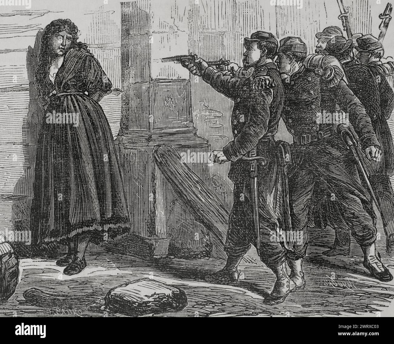 Frankreich. Kommune Paris. Revolutionäre Volksbewegung, die vom 18. März bis 28. Mai 1871 in Paris die Macht übernahm, als Folge des Deutsch-Französischen Krieges. Hinrichtung einer Pétroleuse durch Versailles Truppen. Zeichnung von F. Padró. Kupferstich von Sadurní. Historia de la Guerra de Francia y Prusia (Geschichte des Krieges zwischen Frankreich und Preußen). Band II Veröffentlicht in Barcelona, 1871. Stockfoto