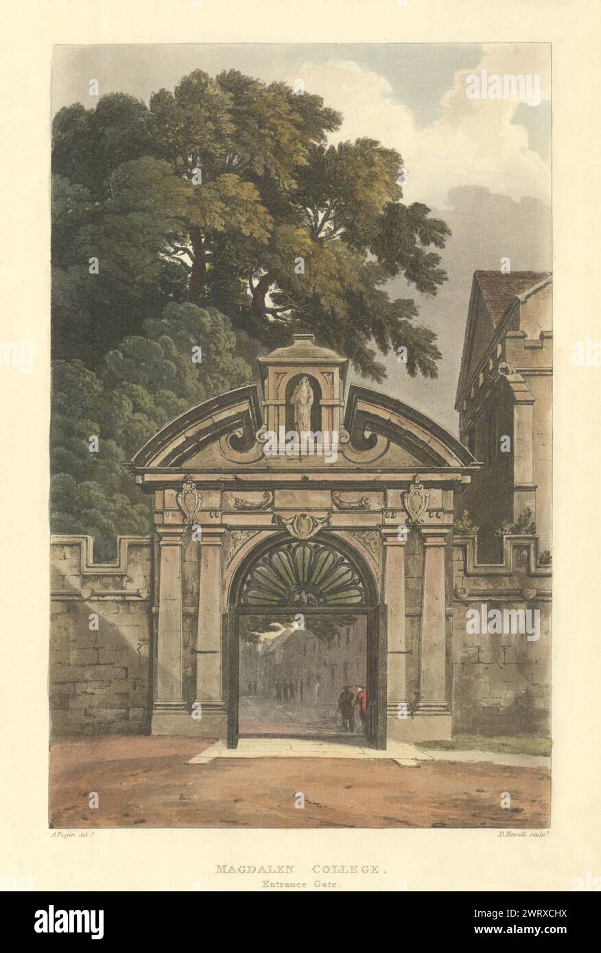 Eingangstor Zum Magdalen College. Ackermanns alter Druck der Oxford University 1814 Stockfoto
