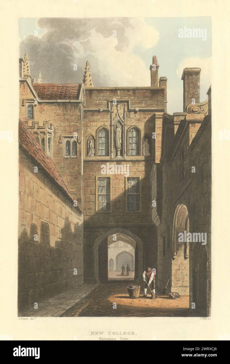 Eingangstor Für Das Neue College. Ackermanns alter Druck der Oxford University 1814 Stockfoto