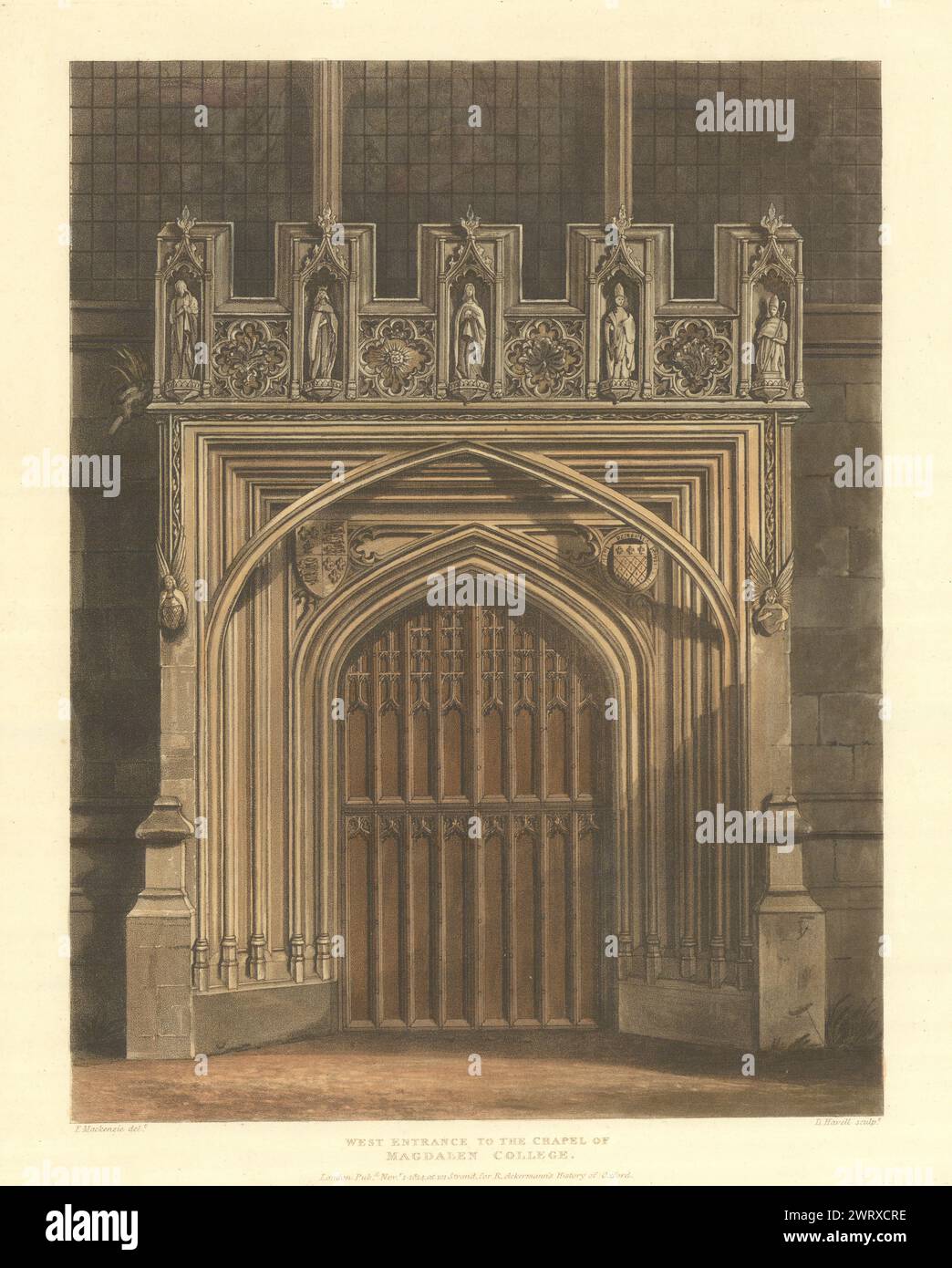 Westlicher Eingang zur Magdalen College Chapel. Ackermann's Oxford University 1814 Stockfoto