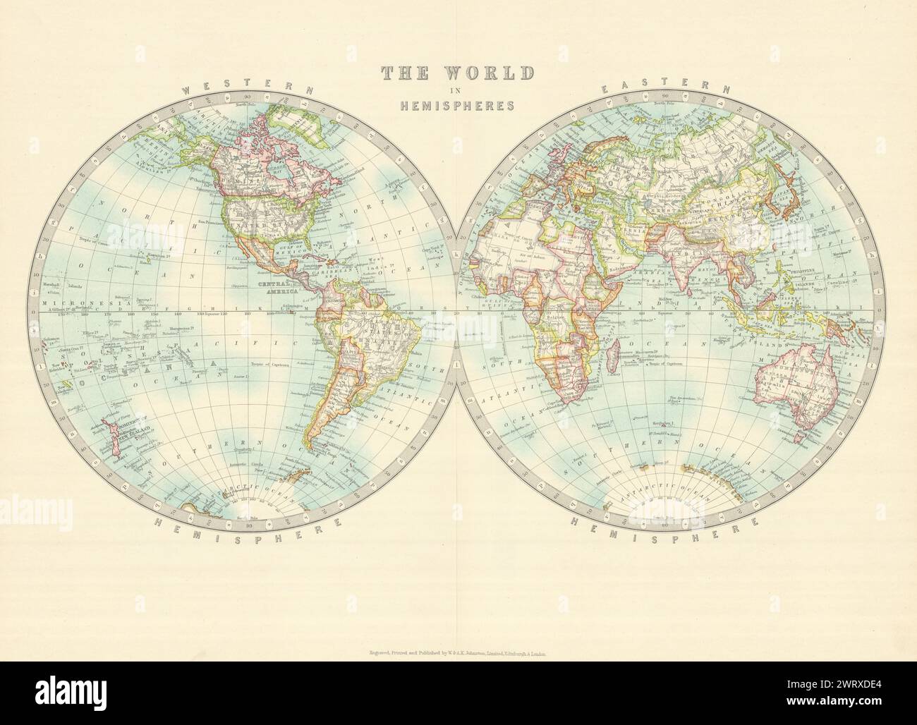 WELT IN ZWILLINGSHALBKUGELN. Westliche Und Östliche Hemisphären. JOHNSTON 1913 Karte Stockfoto