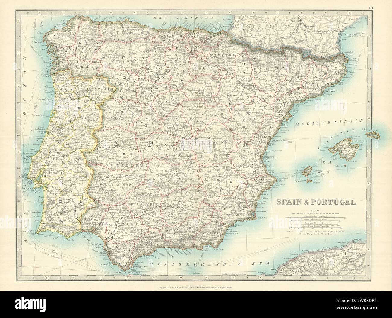 SPANIEN und PORTUGAL mit Napoleonischen Schlachtfeldern und Daten. JOHNSTON 1913 Karte Stockfoto