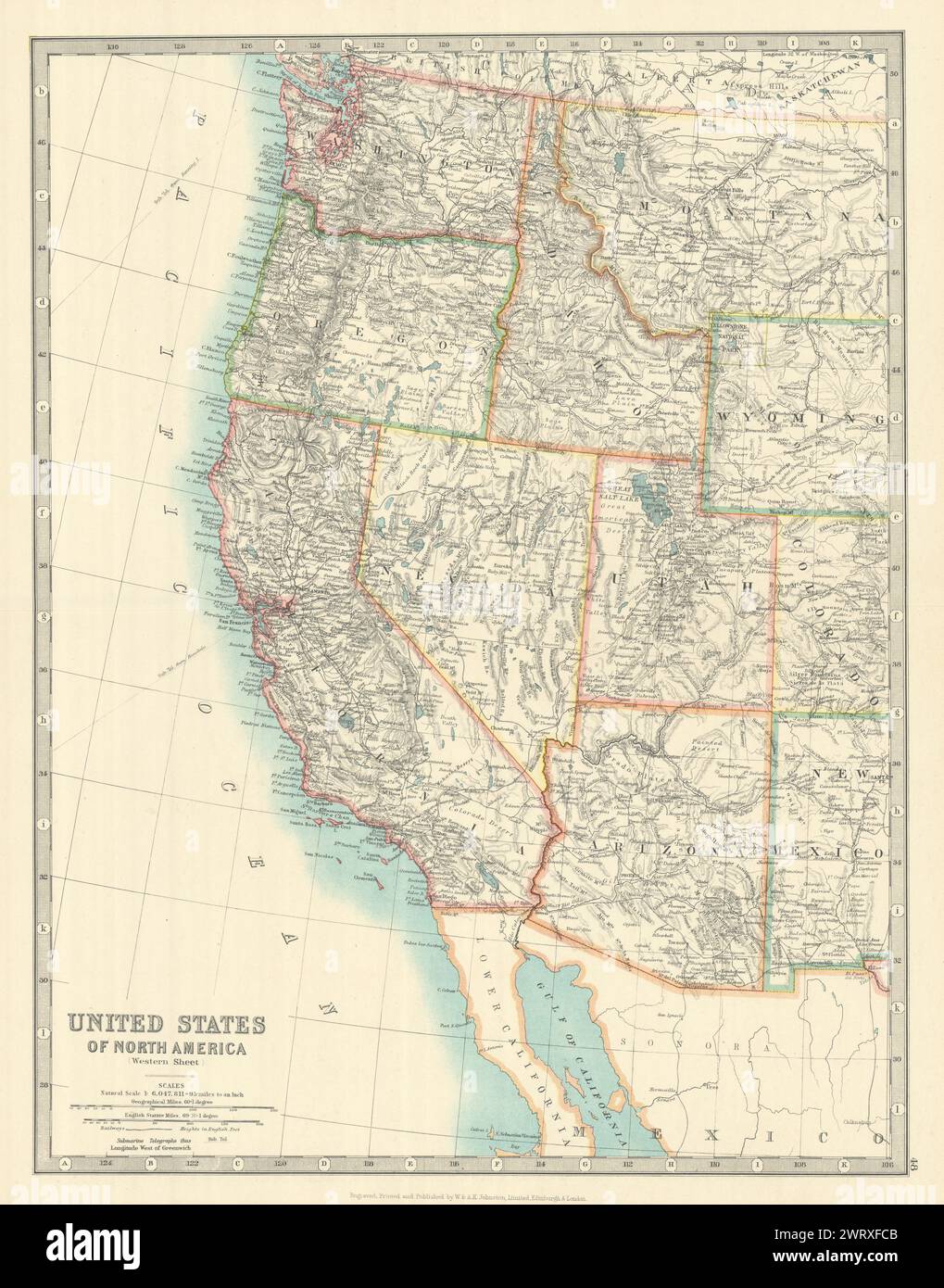 WESTLICHE SEITE DER VEREINIGTEN STAATEN VON AMERIKA. USA. Pazifische Staaten. JOHNSTON 1913 Karte Stockfoto