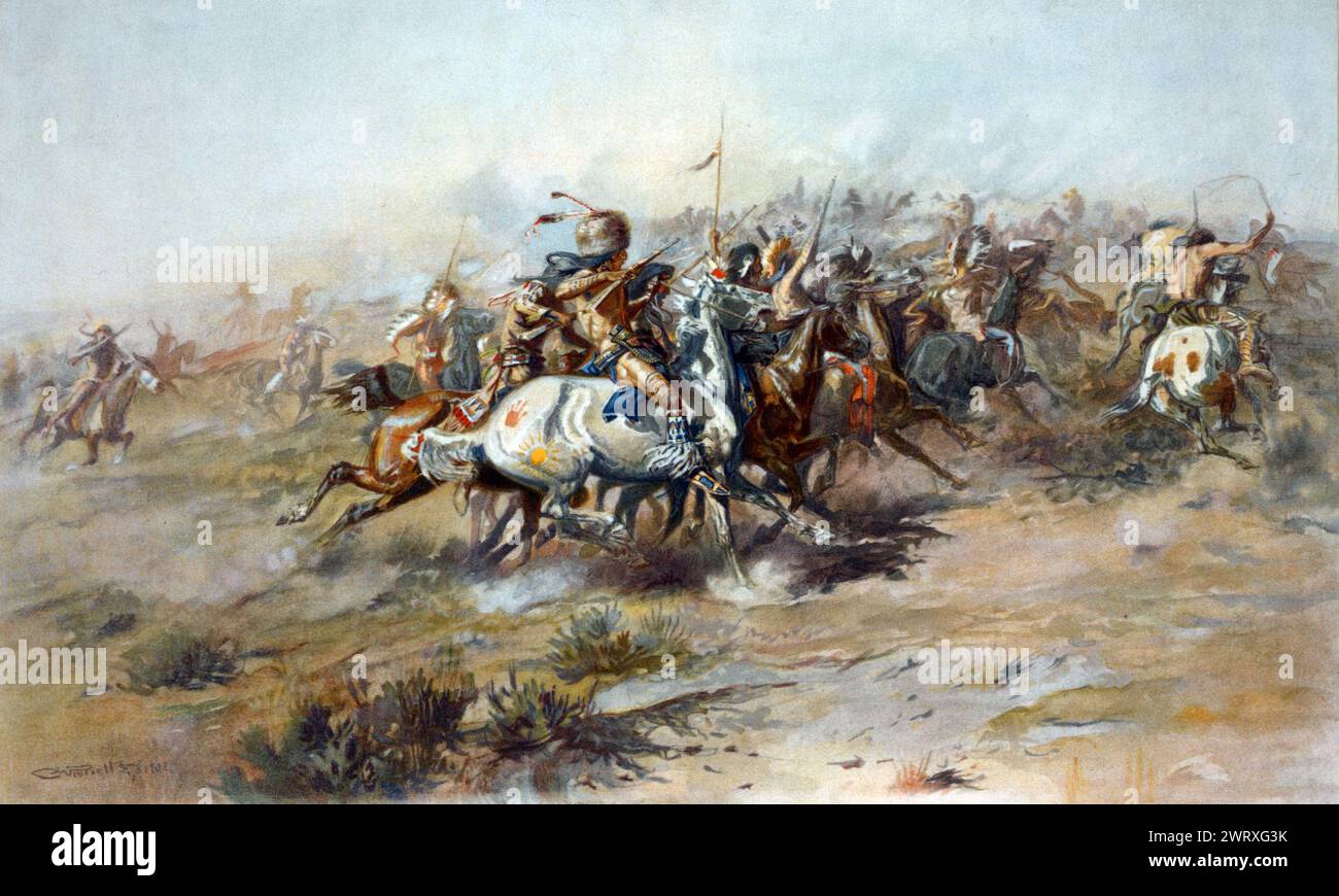 The Custer Fight (1903). Zeigt die Schlacht am Little Bighorn aus der Sicht der indianischen Kämpfer. Von Charles Marion Russell Stockfoto