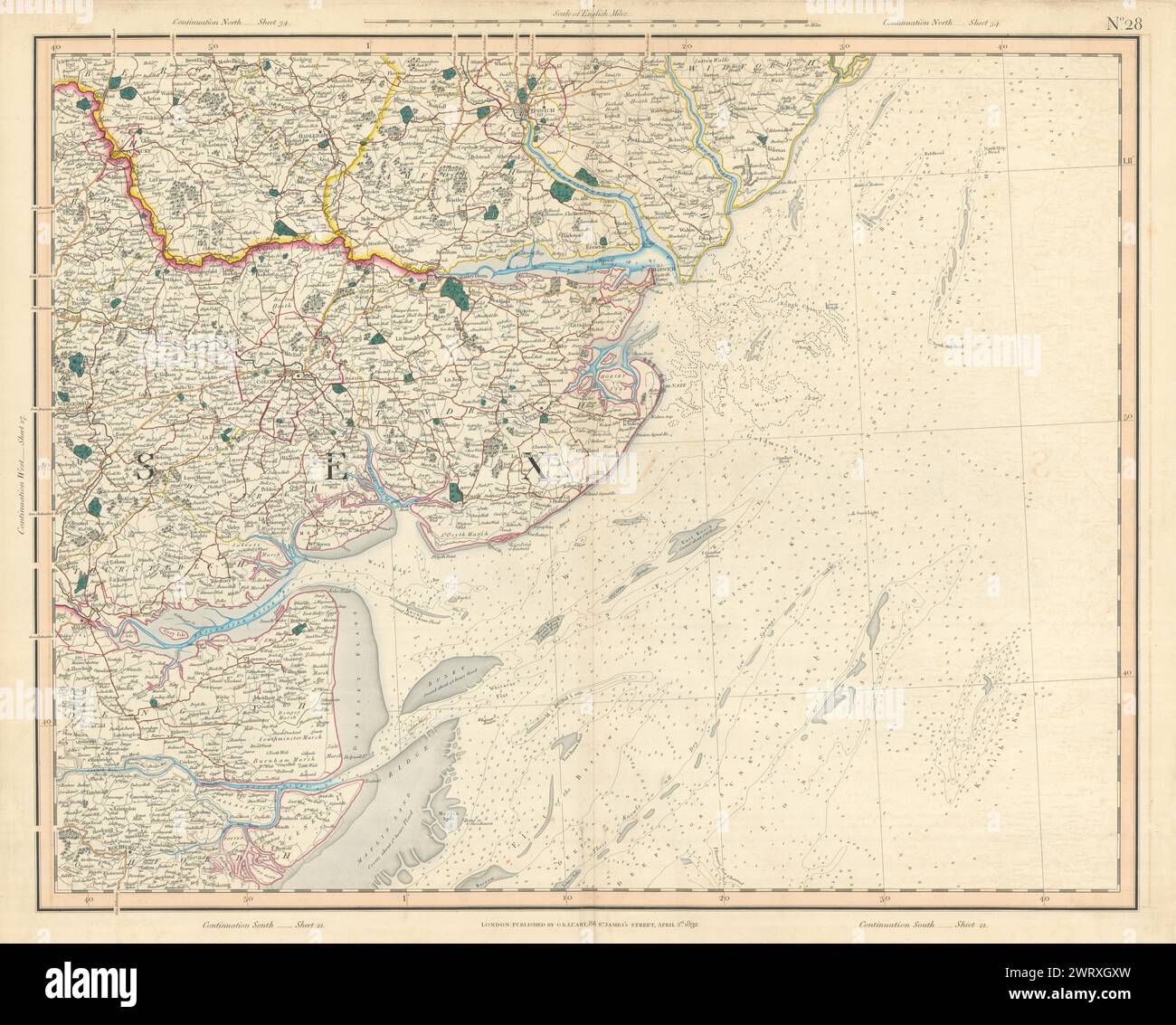 KÜSTEN VON NORTH ESSEX UND SOUTH SUFFOLK. Häfen Von Haven. Tendring. CARY 1832 alte Karte Stockfoto