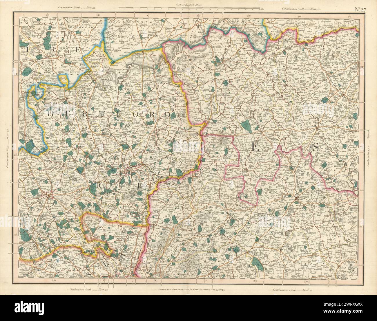 NORTH LONDON, HERTFORDSHIRE UND WEST ESSEX. Epping Forest Uttlesford CARY 1832 Karte Stockfoto