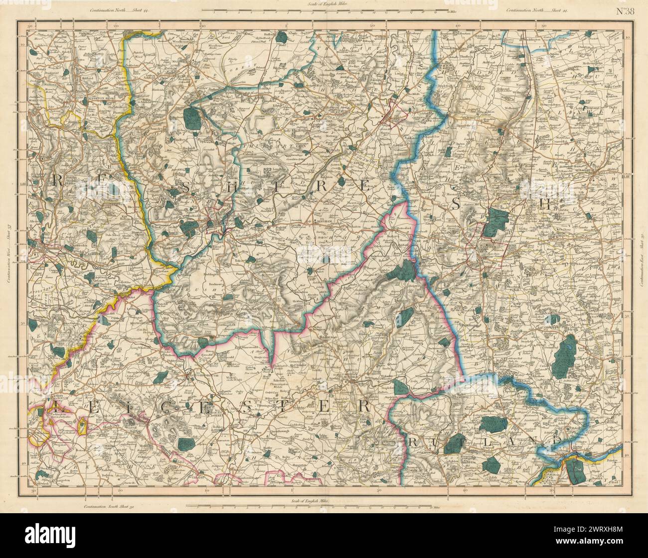 EAST MIDLANDS. Leicestershire Rutland Nottinghamshire Lincs Derbys CARY 1832 Karte Stockfoto
