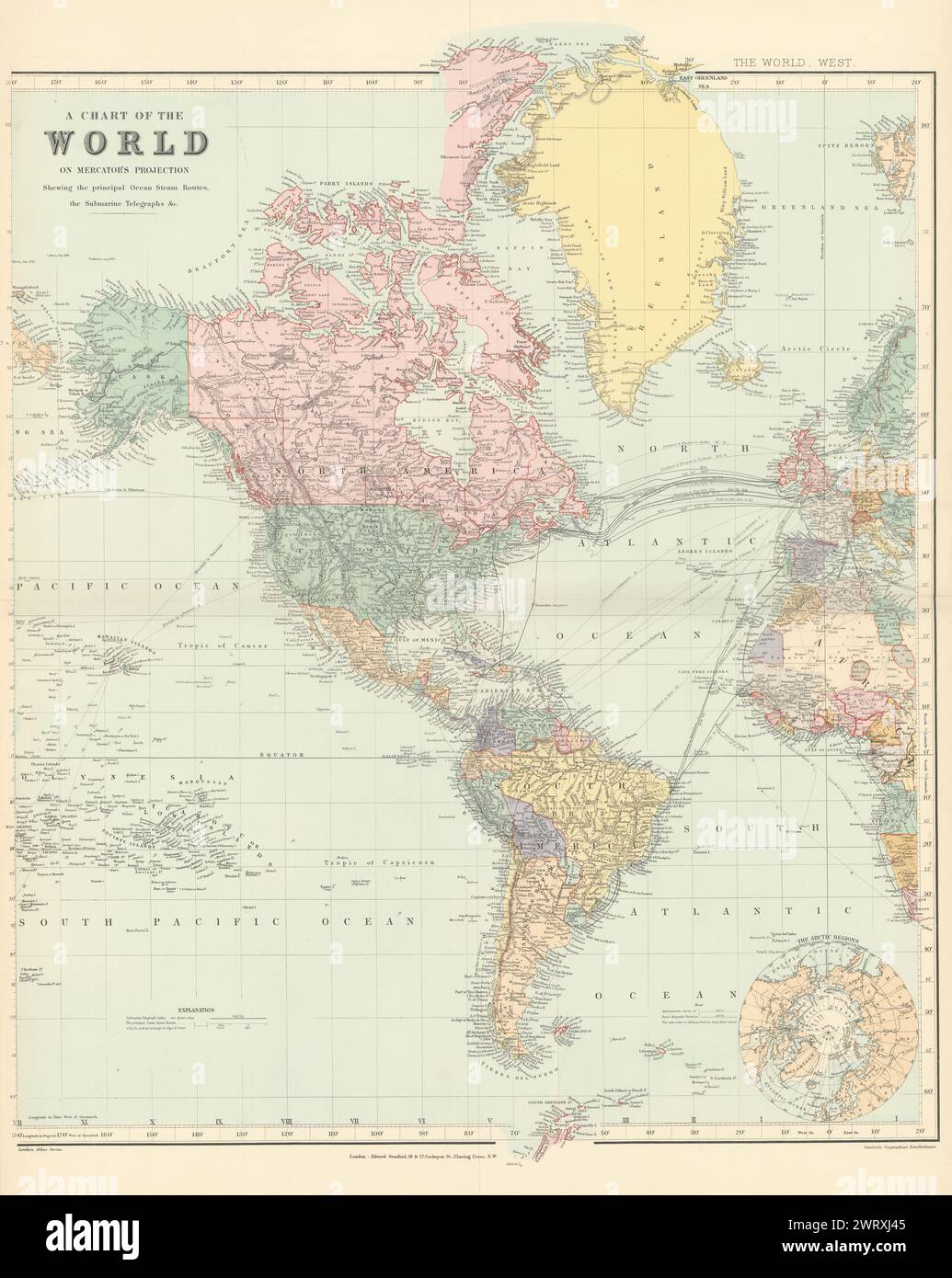Welt auf Mercators Projektion. Westblech. Amerika. 67 x 55 cm. STANFORD 1896 Karte Stockfoto