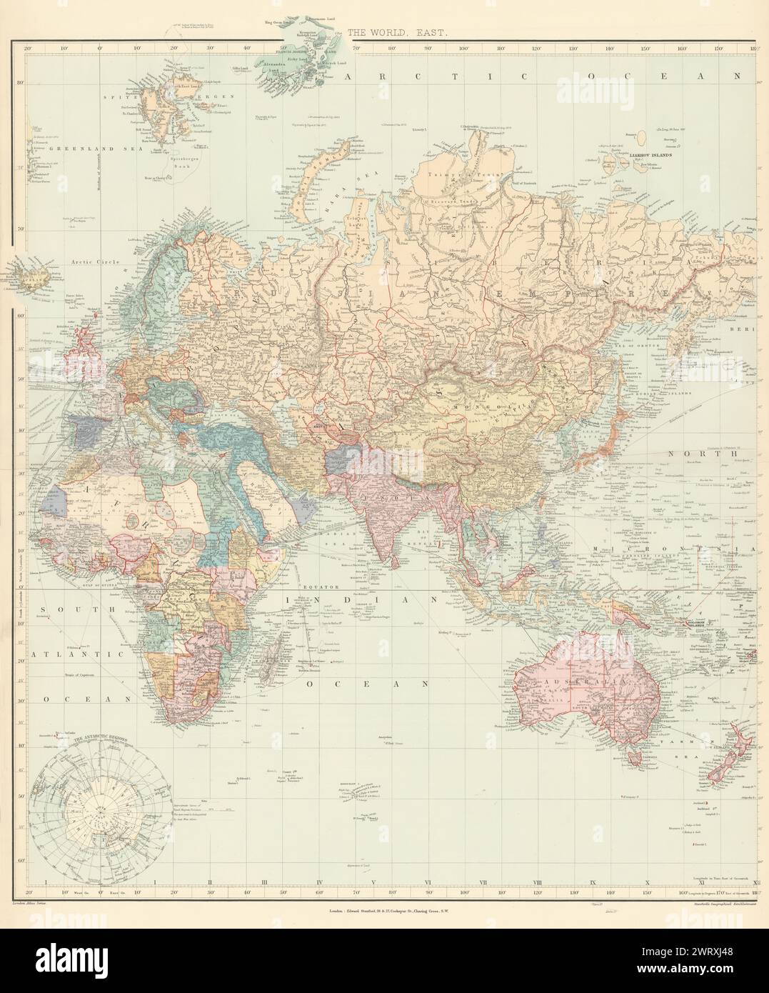 Welt auf Mercators Projektion. Östliches Blatt. Europa Asien Afrika STANFORD 1896 Karte Stockfoto