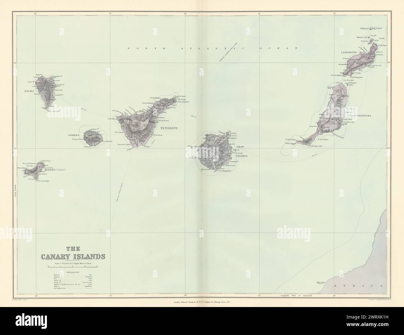 Kanarische Inseln. Teneriffa Gran Canaria Lanzarote. 50 x 65 cm. STANFORD 1896 Karte Stockfoto