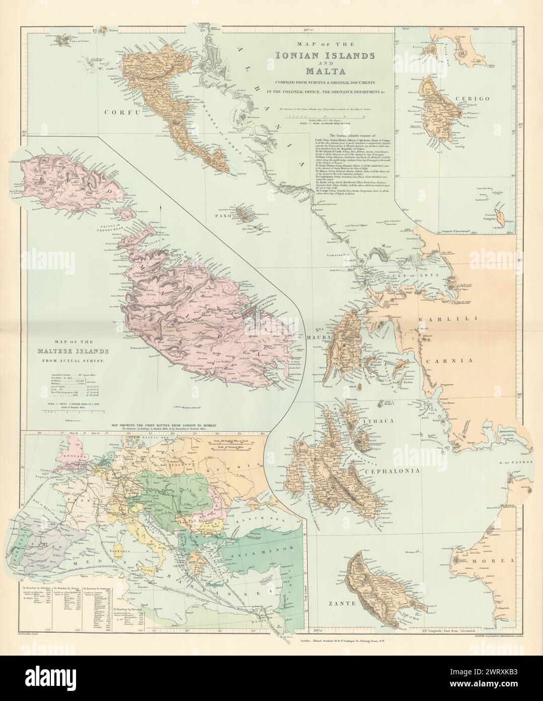 Ionische Inseln Und Malta. Korfu Zante Kefalonia Kythira Lefkada. STANFORD 1896 Karte Stockfoto