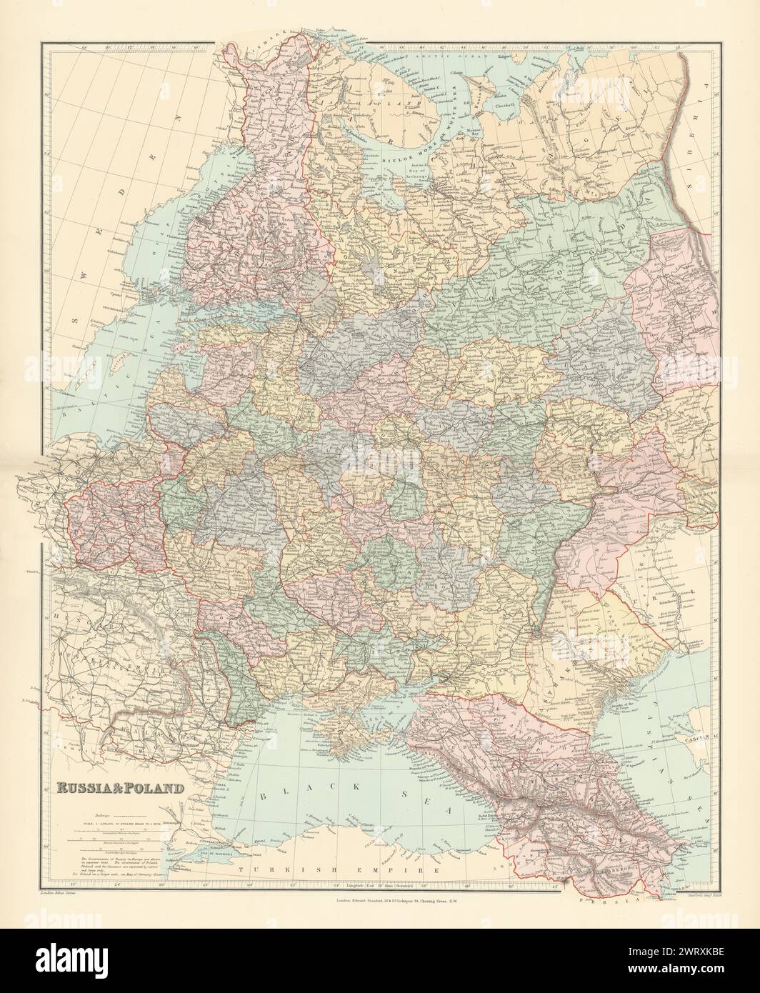 Russland und Polen. Kaukasus. Republiken krais oblasts Eisenbahnen. STANFORD 1896 Karte Stockfoto