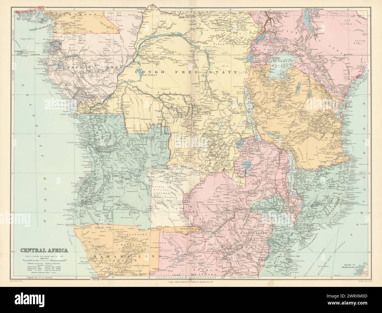 Zentralafrika. Kongo Freistaat Rhodesien Deutsch-Ostafrika. STANFORD 1896 Karte Stockfoto