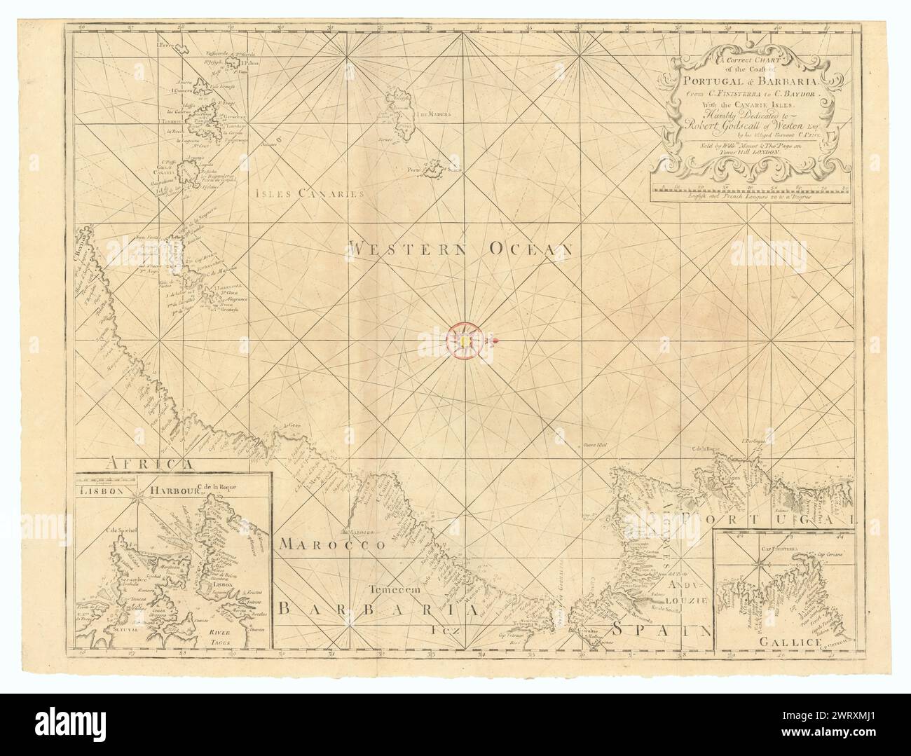 Karte der Küste Portugals und Barbarias... CANARIE Isles MOUNT & SEITE 1758 Karte Stockfoto