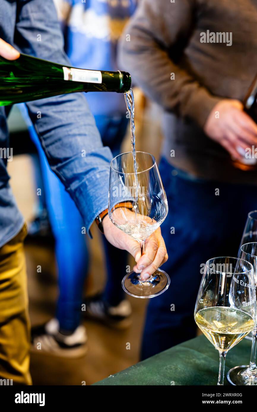 Ein Sommelier gießt während einer Weinprobe Sekt fachmännisch in ein Kristallglas und hebt die Finesse des Getränks hervor. Stockfoto