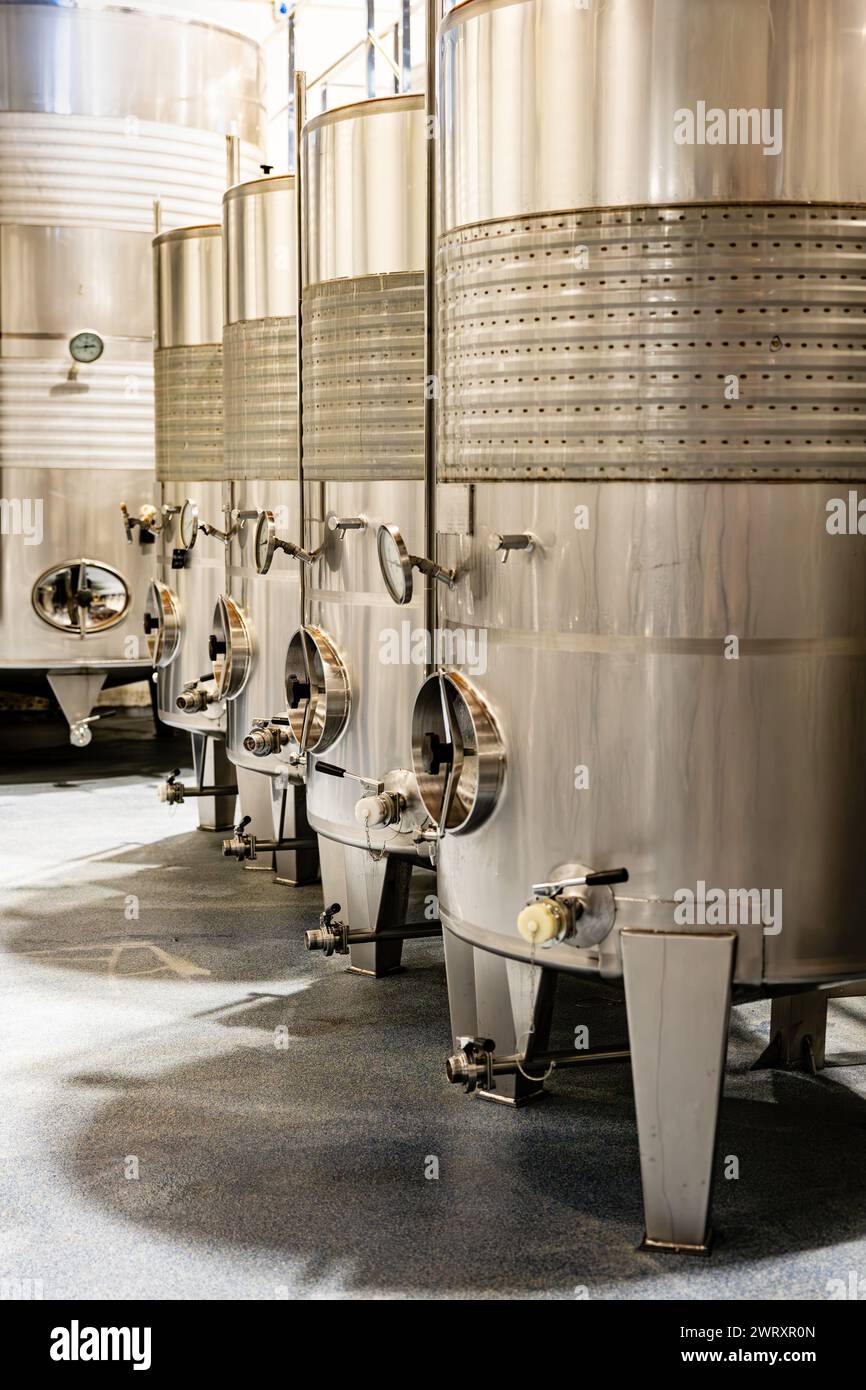 Moderne Gärtanks aus Edelstahl für die Weinproduktion, die die schlanken, klaren Linien eines professionellen Weinguts hervorheben. Stockfoto