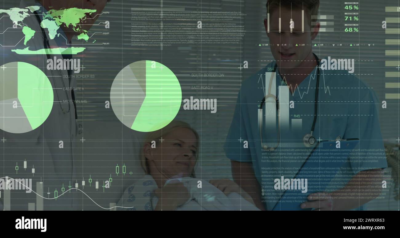 Bild der Infografik über kaukasische Ärzte, die Berichte mit Patientinnen diskutieren Stockfoto