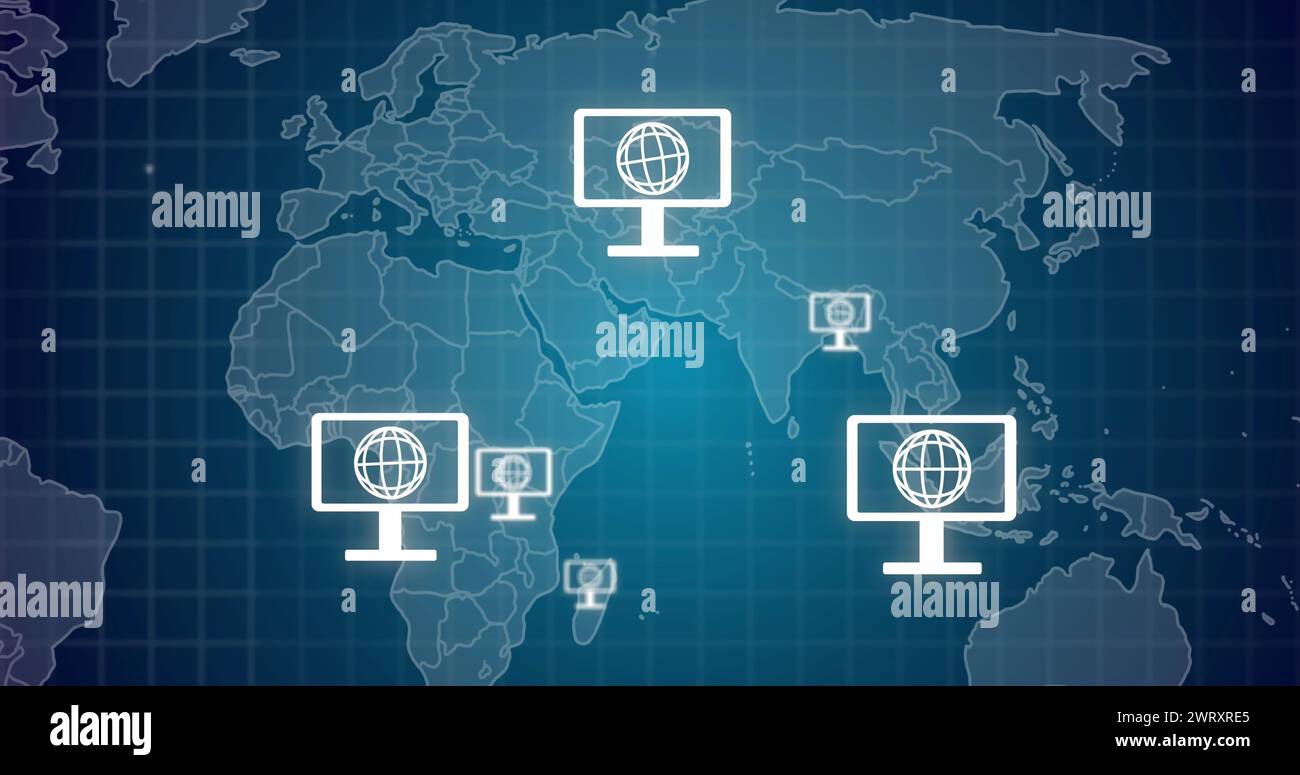 Abbildung von Computern mit Globus-Symbolen, Weltkarte und Datenverarbeitung Stockfoto