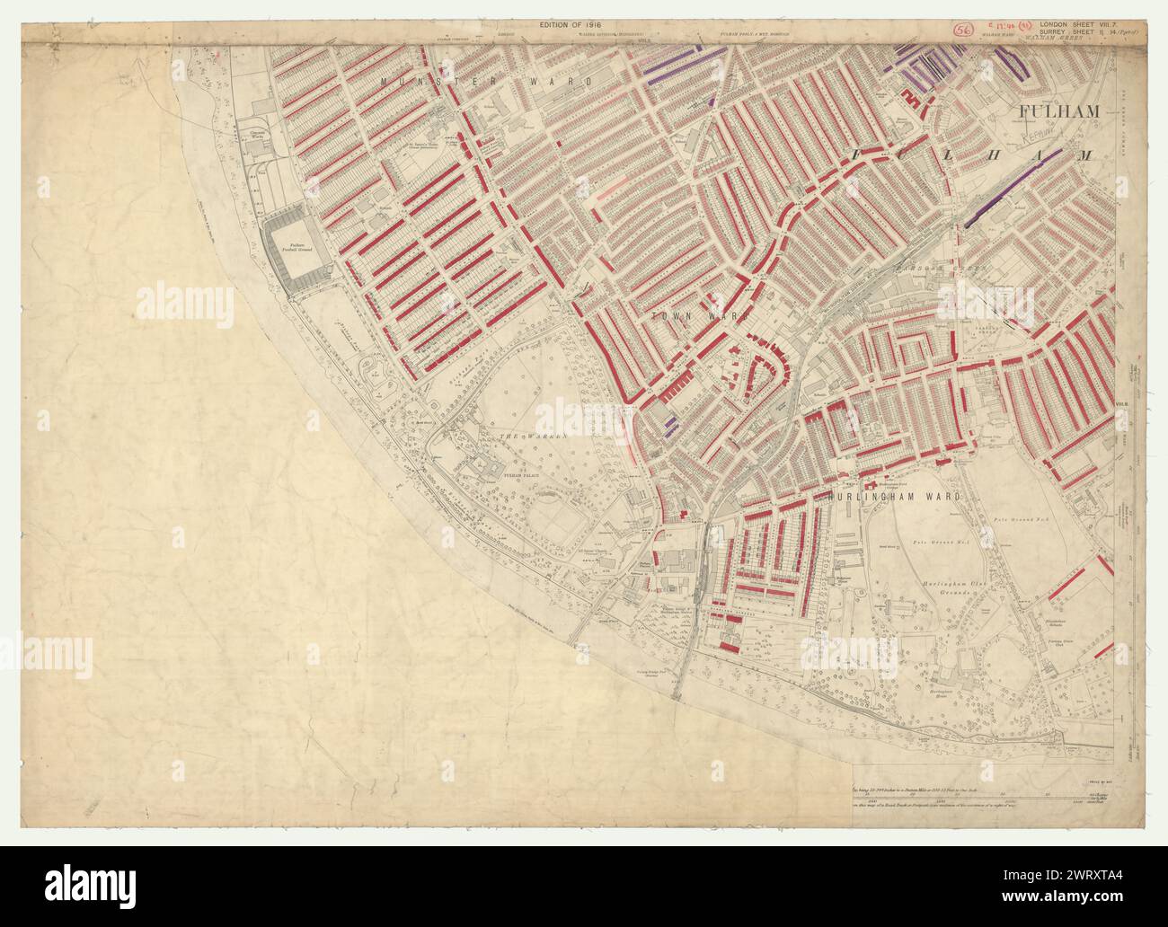 LSE POVERTY OS PROOF MAP Hurlingham - Fulham - Munster - Parsons Green 1928 Stockfoto