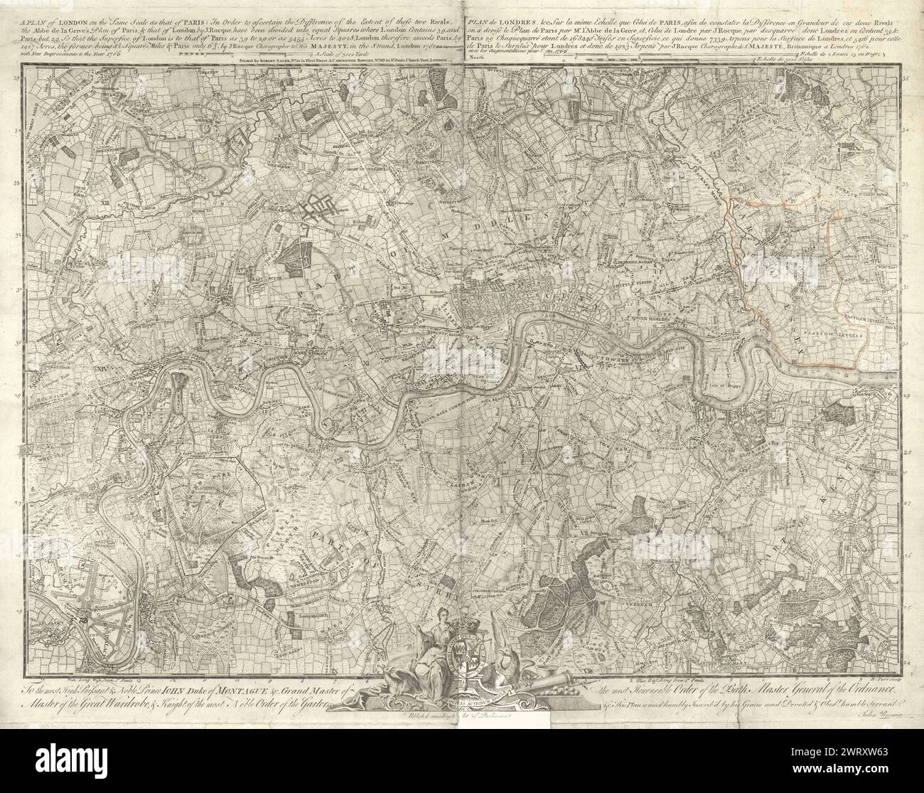"Ein Plan von London im gleichen Maßstab wie der von Paris." Von John Rocque 1769 Karte Stockfoto
