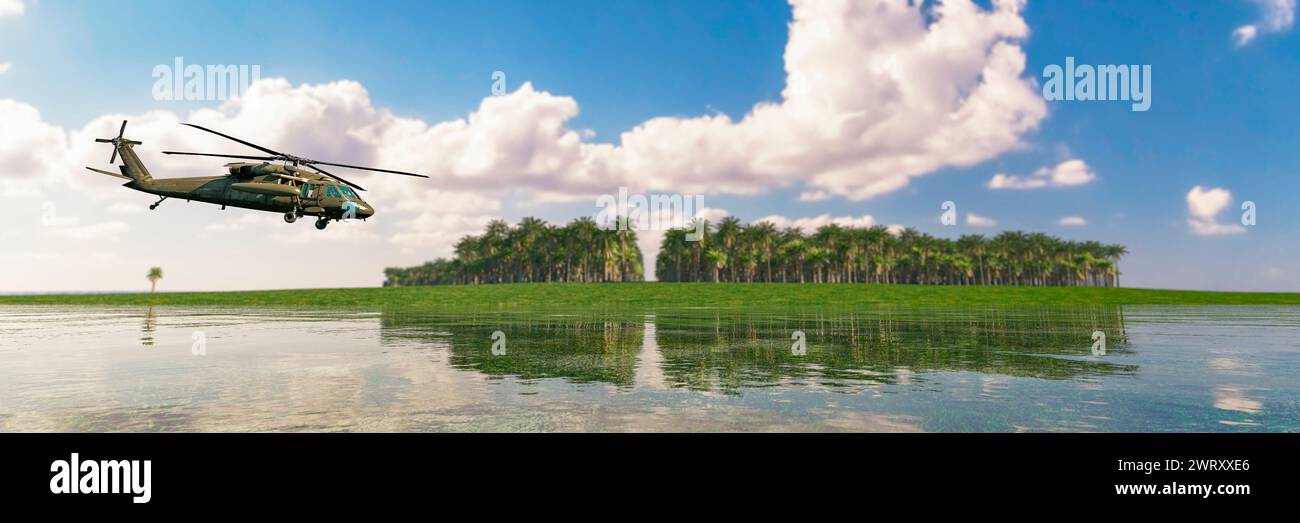 Militärhubschrauber, der tief über tropische Gewässer mit üppigen Palmen in der Ferne schwingt Stockfoto