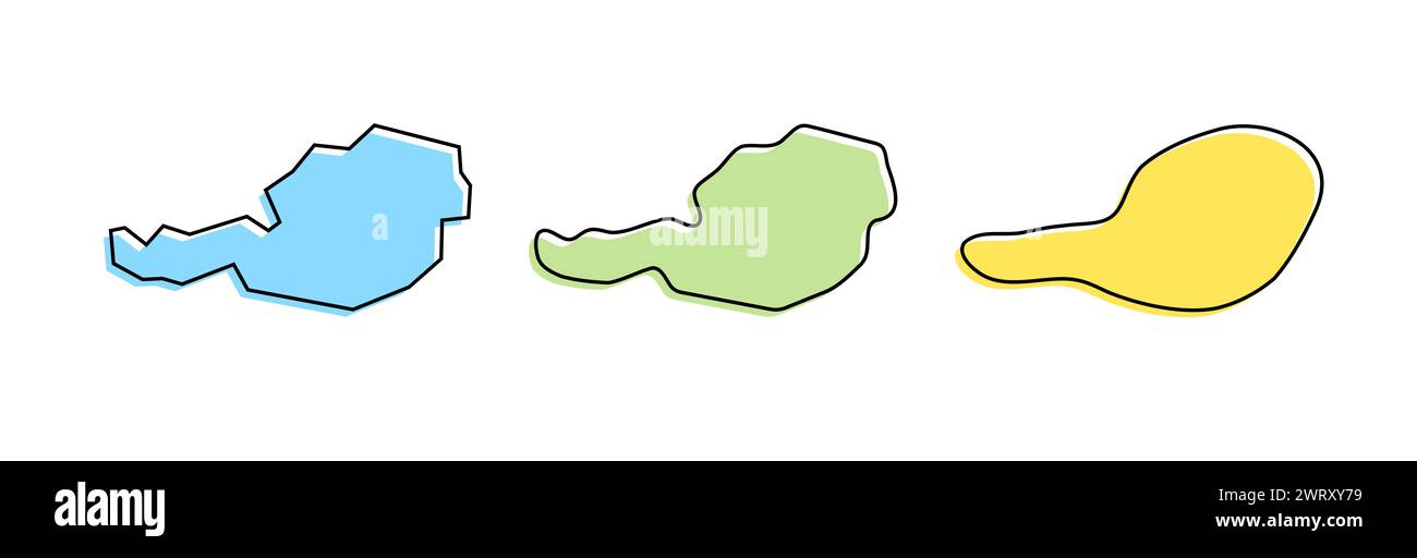 Die schwarze Umrandung von Österreich Country und die farbigen Country-Silhouetten in drei verschiedenen Stufen der Glätte. Vereinfachte Karten. Vektorsymbole isoliert auf weißem Hintergrund. Stock Vektor