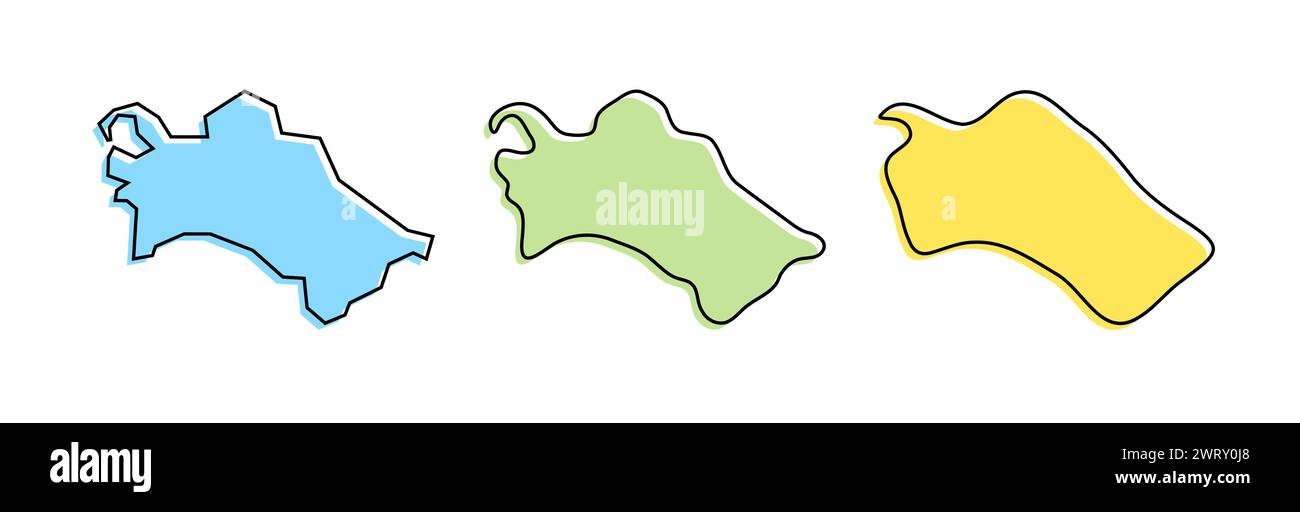 Türkmenistanisches Land schwarze Umrisse und farbige Land-Silhouetten in drei verschiedenen Ebenen der Glätte. Vereinfachte Karten. Vektorsymbole isoliert auf weißem Hintergrund. Stock Vektor