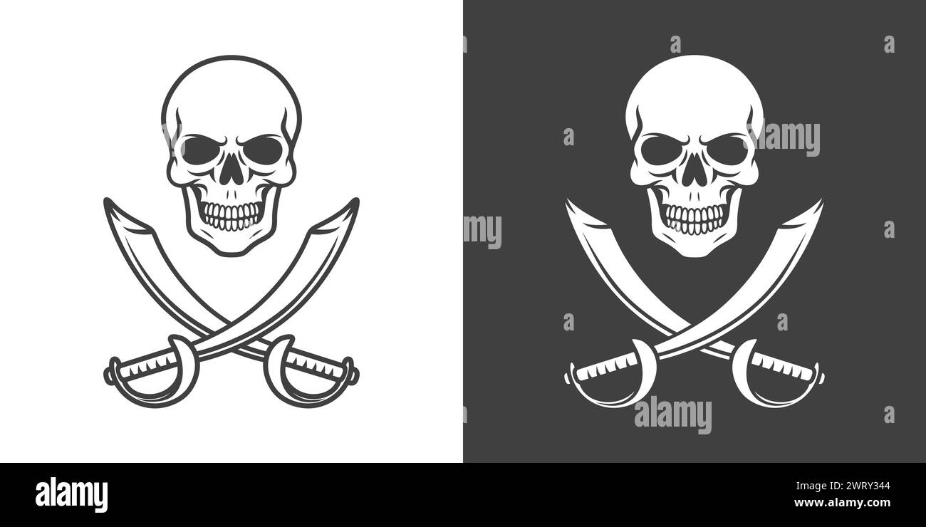 Vektor Schwarz-weiß Schädel und Fadenkreuz Sabers Symbol Set Nahaufnahme isoliert. Skulls Collection mit Outline, Cut-out-Stil in Vorderansicht. Handgezeichnet Stock Vektor