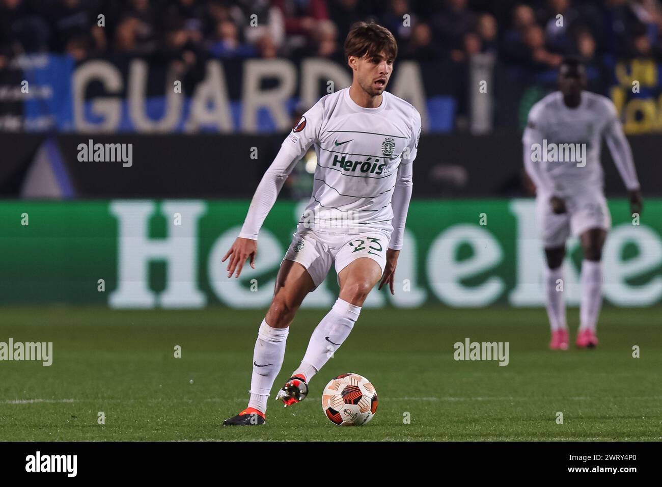 Bergamo, Italien, 14. März 2024. BERGAMO, ITALIEN - 14. MÄRZ: Daniel Braganca (Sporting CP) im Spiel der Europa League zwischen Atalanta und Sporting Lisboa im Gewiss-Stadion am 14. März 2024 in Bergamo, Italien. (Foto: Stefano Nicoli/Speed Media/icon Sportswire) Credit: /Speed Media/Alamy Live News Stockfoto