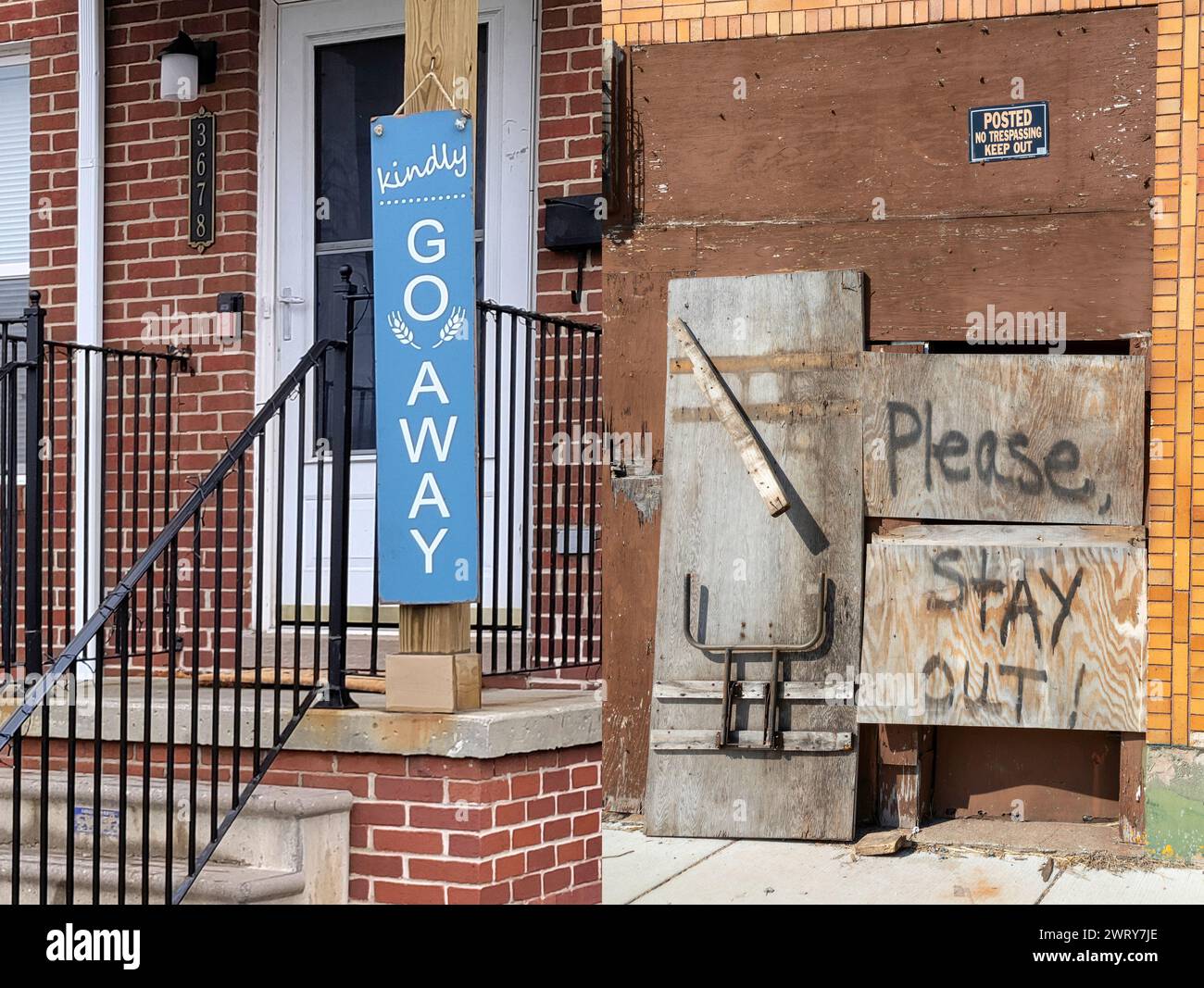 Detroit, Michigan: Die Bewohner von Detroit bitten andere höflich, wegzugehen oder sich aus einem Gebäude zu entfernen. Stockfoto