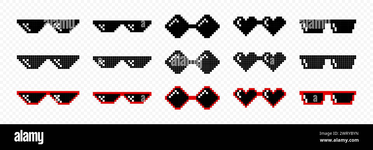 Vektor pixelierte Sonnenbrille, Pixel Boss Brille Icon Set in 8 Bit Retro Stil. Sommer Meme Game 8-Bit Sonnenbrille Design, Mafia Gangster Funky Stock Vektor