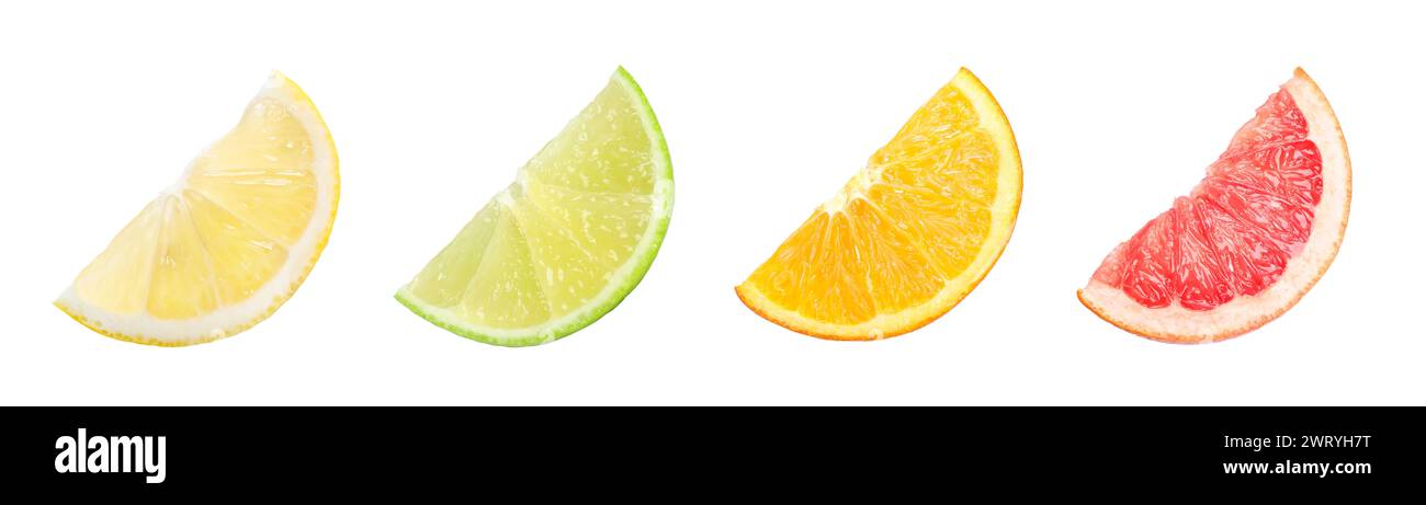 Zitrusfrüchte. Frische Zitrone, Grapefruit, Limette und Orange isoliert auf weiß schneiden, setzen Stockfoto