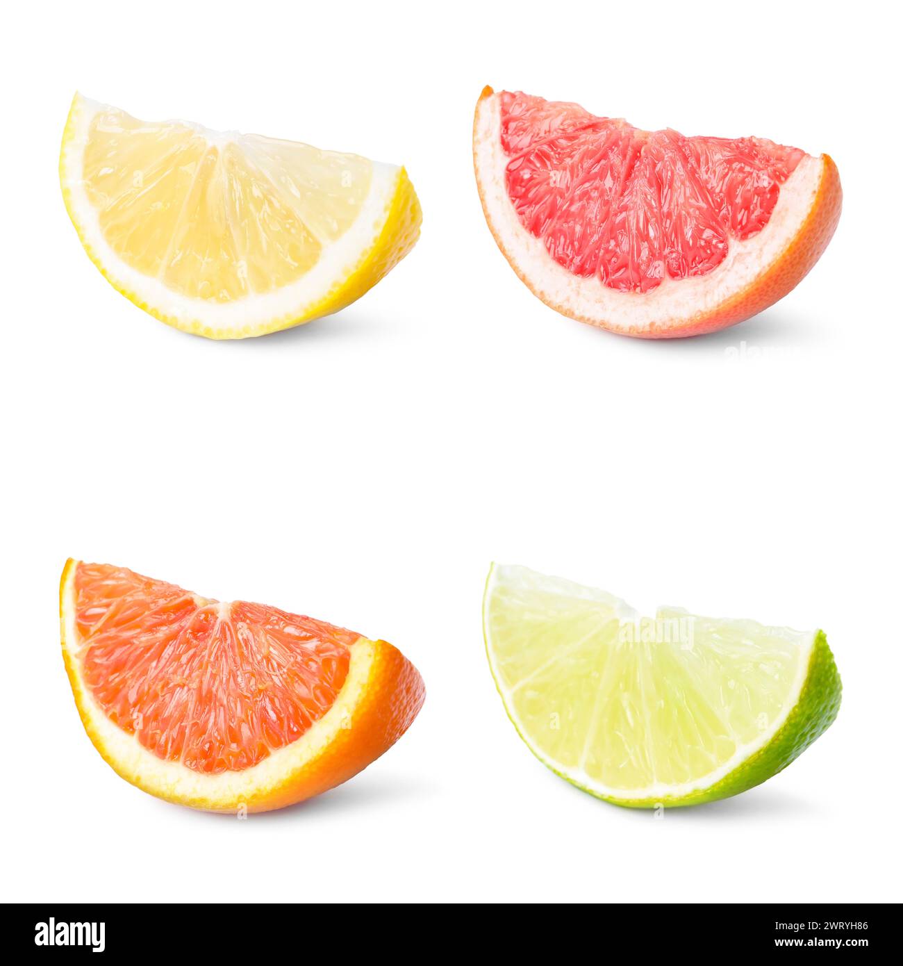 Zitrusfrüchte. Frische Zitrone, Grapefruit, Limette und Orange isoliert auf weiß schneiden, setzen Stockfoto