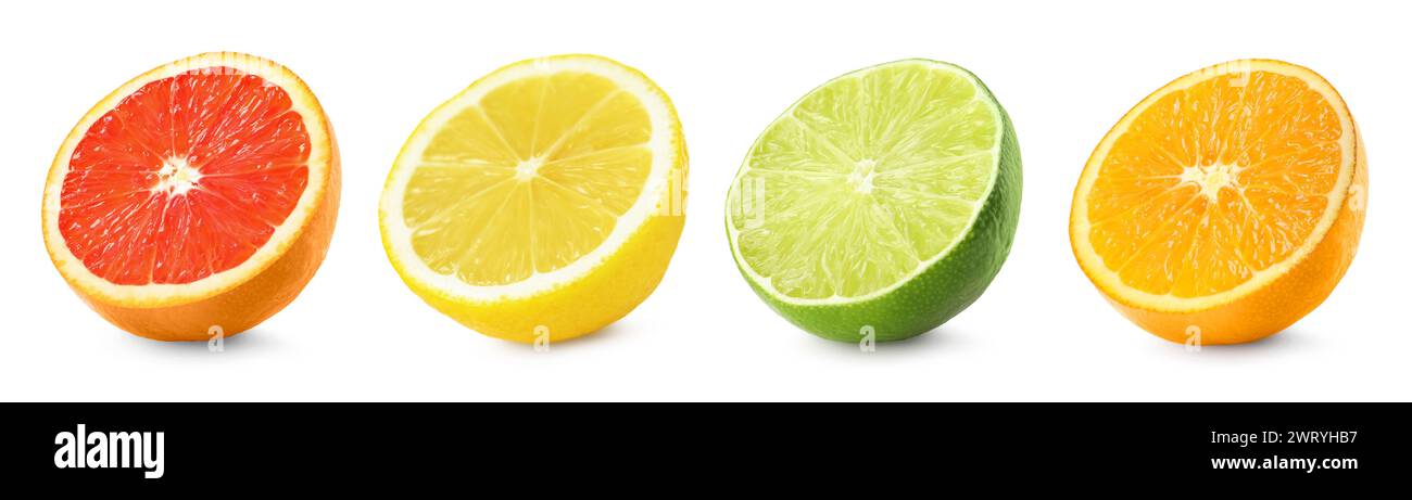Zitrusfrüchte. Frische Zitrone, Grapefruit, Limette und Orange isoliert auf weiß schneiden, setzen Stockfoto