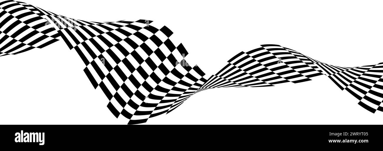 Schwarzes und weißes, gewelltes, gebogenes Bandelement. Geschwungener Hintergrund mit kariertem Streifenmuster. Flüssige abstrakte Strichtapete für Banner, Cover, Poster, Präsentation, Broschüre, Flyer. Optischer Kunsthintergrund. Vektor Stock Vektor