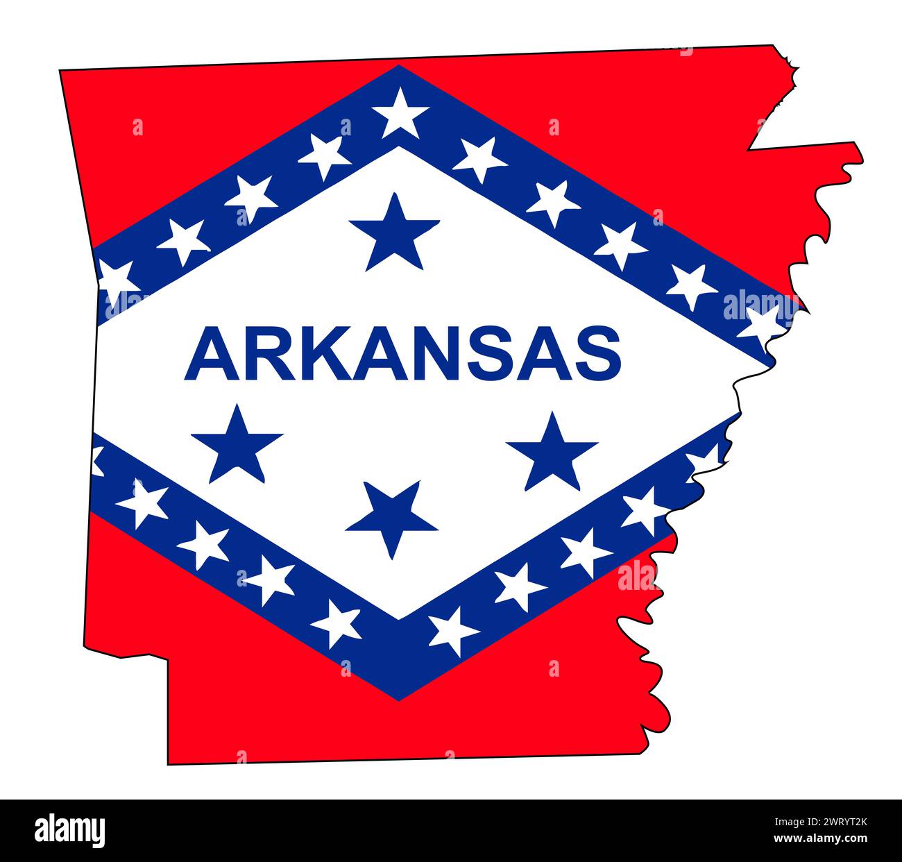 Die State Map umrahmt die Silhouette von Arkansas auf einem weißen Hintergrund mit Fahneneinlage Stockfoto