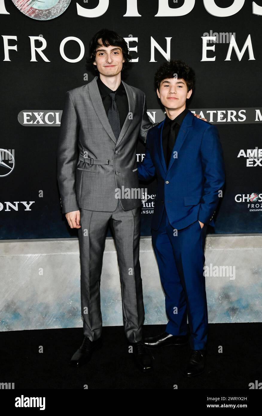Finn Wolfhard, left, and Logan Kim attend the premiere of "Ghostbusters: Frozen Empire" at the AMC Loews Lincoln Square on Thursday, March 14, 2024, in New York. (Photo by Evan Agostini/Invision/AP) Stockfoto