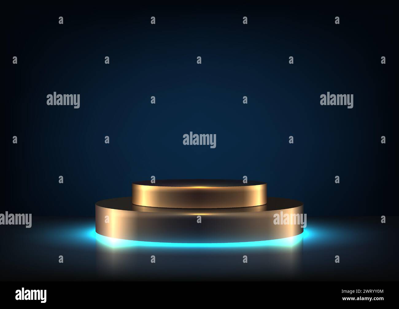 Goldenes 3D-Podium, beleuchtet durch einen blauen Scheinwerfer auf einem dunkelblauen Hintergrund. Vektorabbildung Stock Vektor