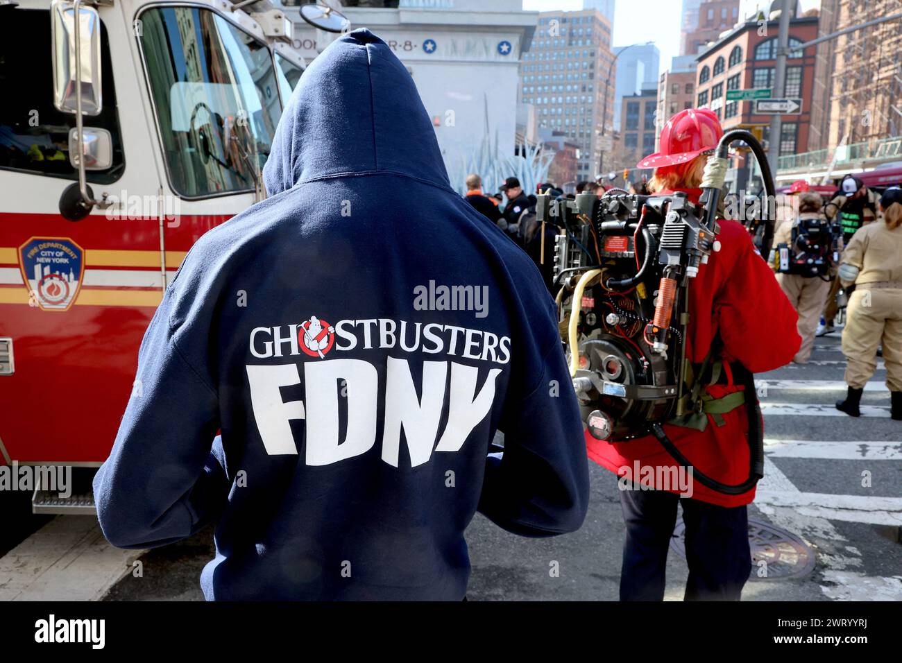 New York City, Usa. März 2024. Ghostbusters Fans treffen sich am 14. März 2024 in New York City, NY, USA, um den neuen Film Ghostbusters Frozen Empire zu feiern. Foto: Charles Guerin/ABACAPRESS.COM Credit: Abaca Press/Alamy Live News Stockfoto