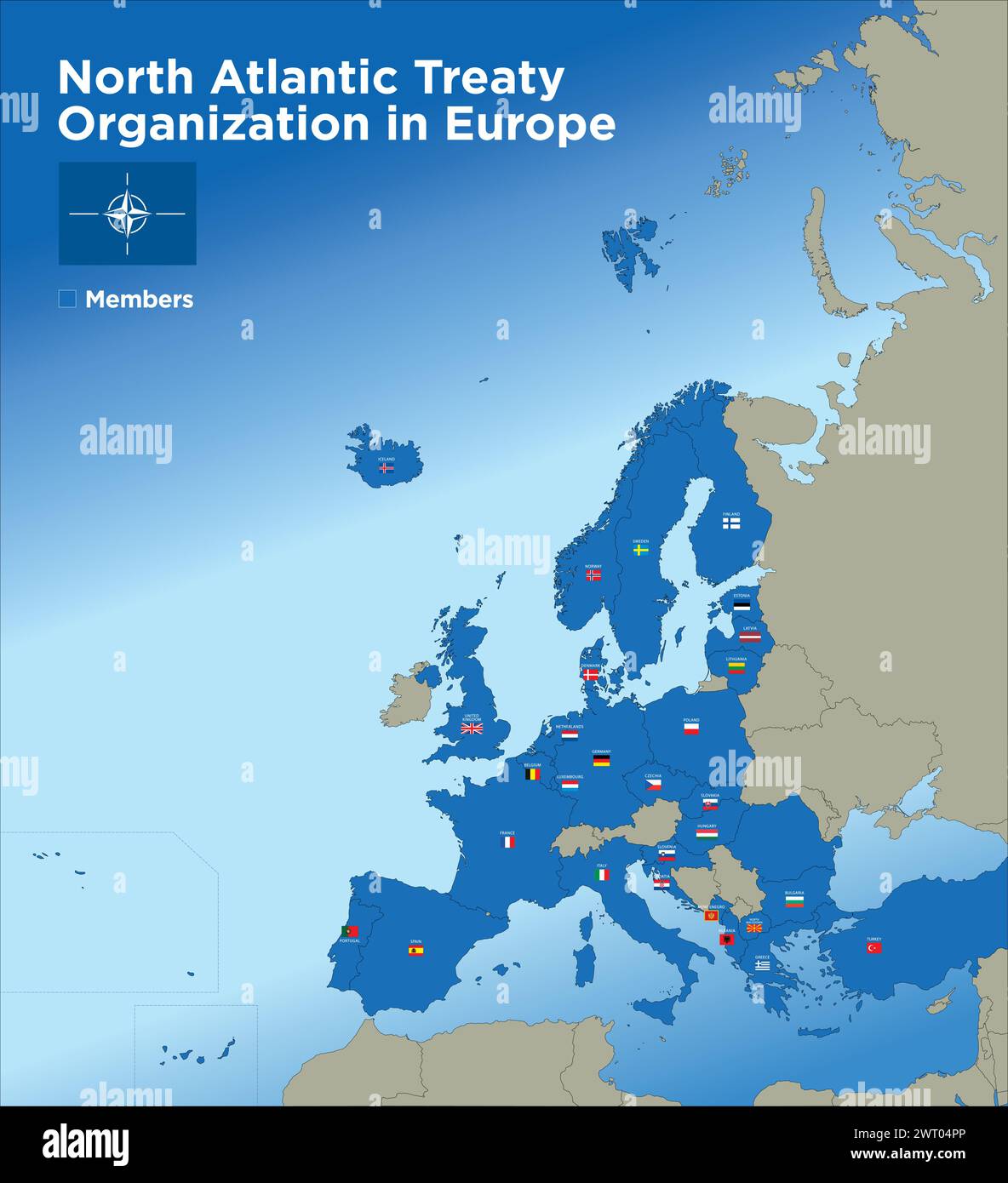 Nordatlantische Vertragsorganisation in Europa Karte mit der territorialen Aufteilung der staaten, Namen und Flaggen der Nationen, Vektorillustration, mar Stock Vektor