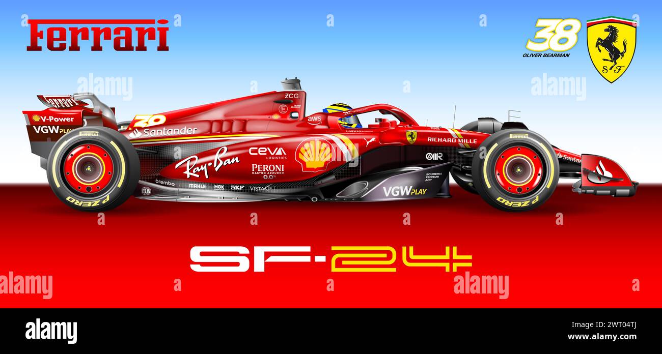 Maranello, Modena, Italien, märz 2024, Ferrari SF-24 Formel 1, Oliver Bearman Nummer 38, F1-Weltmeisterschaft 2024, Illustration Stockfoto