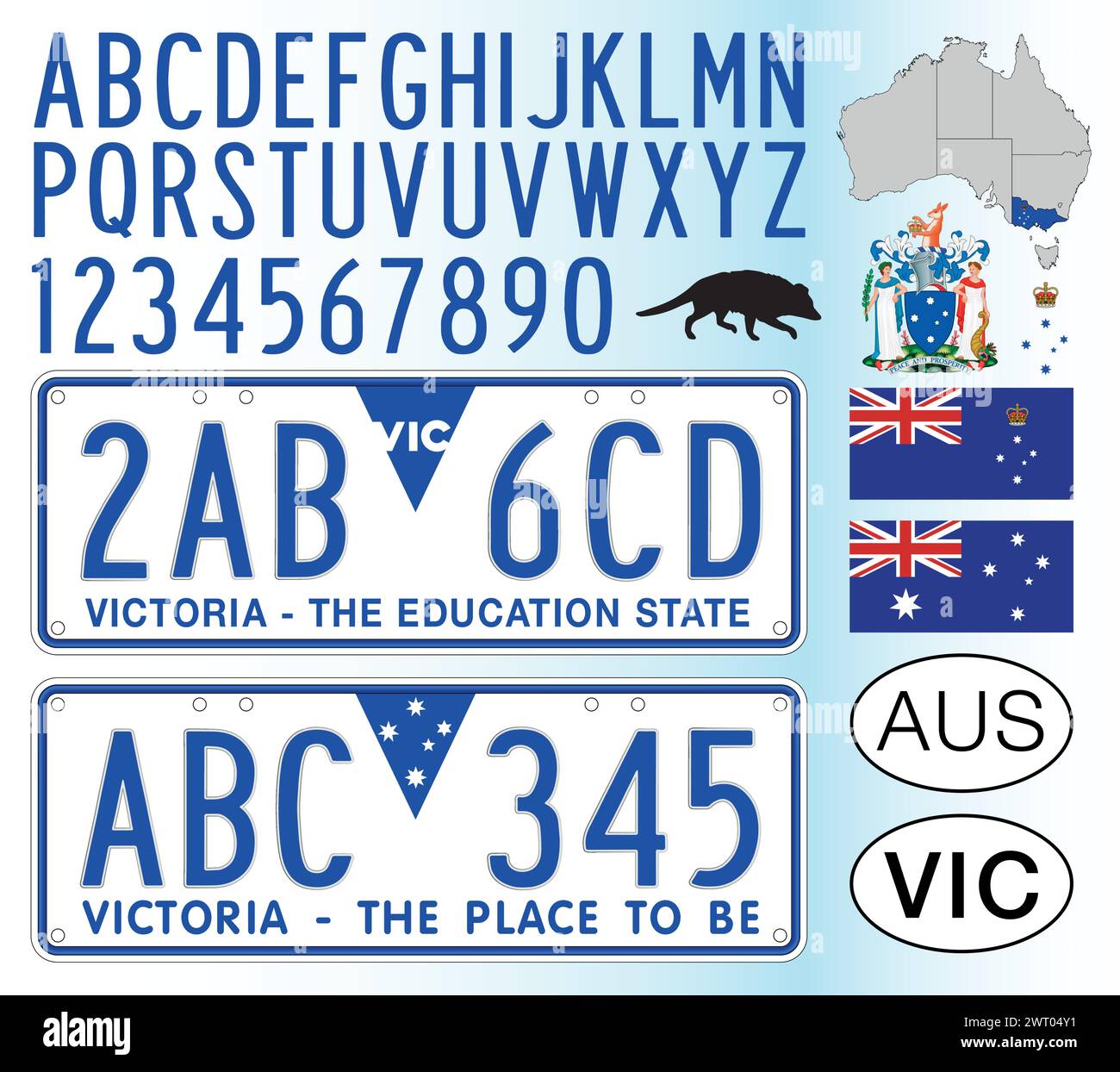 Victoria State australian Autokennzeichen Muster, Buchstaben, Zahlen und Symbole, Vektorillustration, Australien Stock Vektor