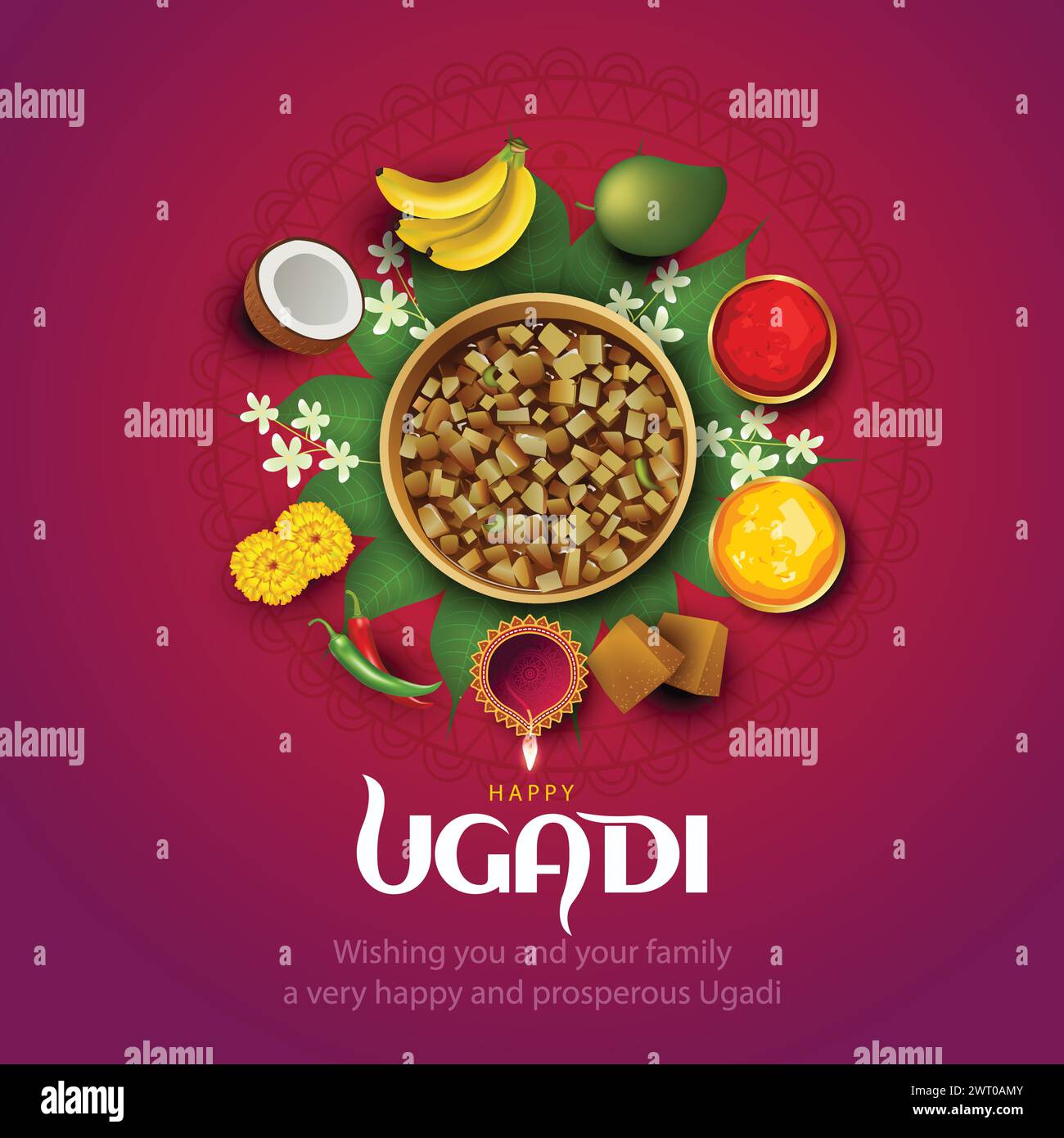 Happy Ugadi Neujahrsfest. Feiertag, der von den Einwohnern von Karnataka und Andhra Pradesh gefeiert wird. Abstrakte Vektorgrafik. Stock Vektor