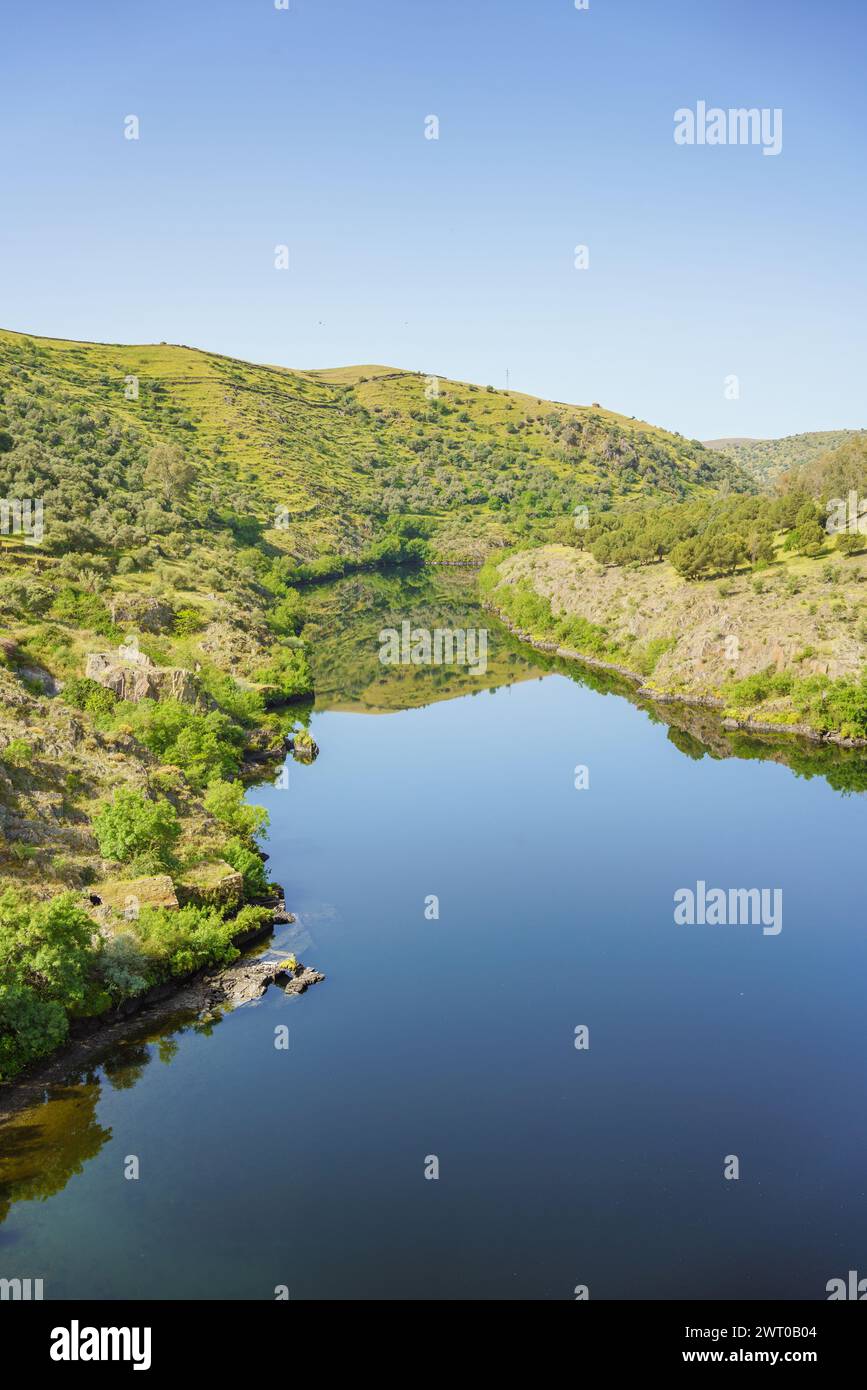 Vertikaler Blick auf den Fluss Tajo in Extremadura, Spanien voller Wasser Stockfoto